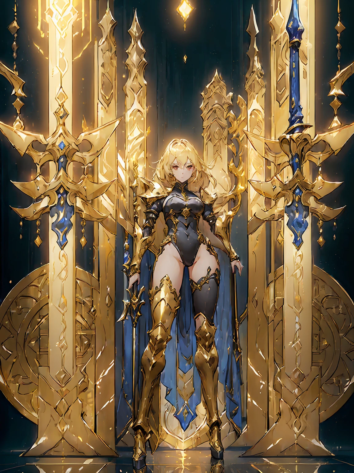 Design a layout showcase Gaming character, ((1girl)), sorcerer:1.2, Golden+Purle clothes, stylish and unique, ((showcase weapon:1.4)), magic staff, (masterpiece:1.2), (best quality), 4k, ultra-detailed, (Step by step design, layout art:1.5), (luminous lighting, atmospheric lighting), Final Fantasy style, magican, ((glove full hands)), fran, viera, (((revealing clothes:1.3))), vambraces, armored legwear, (((full_body_shot:1.4))), Niji, back_view, T_pose