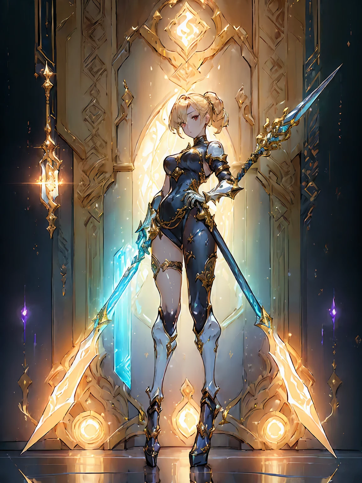 Design a layout showcase Gaming character, ((1girl)), sorcerer:1.2, Golden+Purle clothes, stylish and unique, ((showcase weapon:1.4)), magic staff, (masterpiece:1.2), (best quality), 4k, ultra-detailed, (Step by step design, layout art:1.5), (luminous lighting, atmospheric lighting), Final Fantasy style, magican, ((glove full hands)), fran, viera, (((revealing clothes:1.3))), vambraces, armored legwear, (((full_body_shot:1.4))), Niji, back_view, T_pose