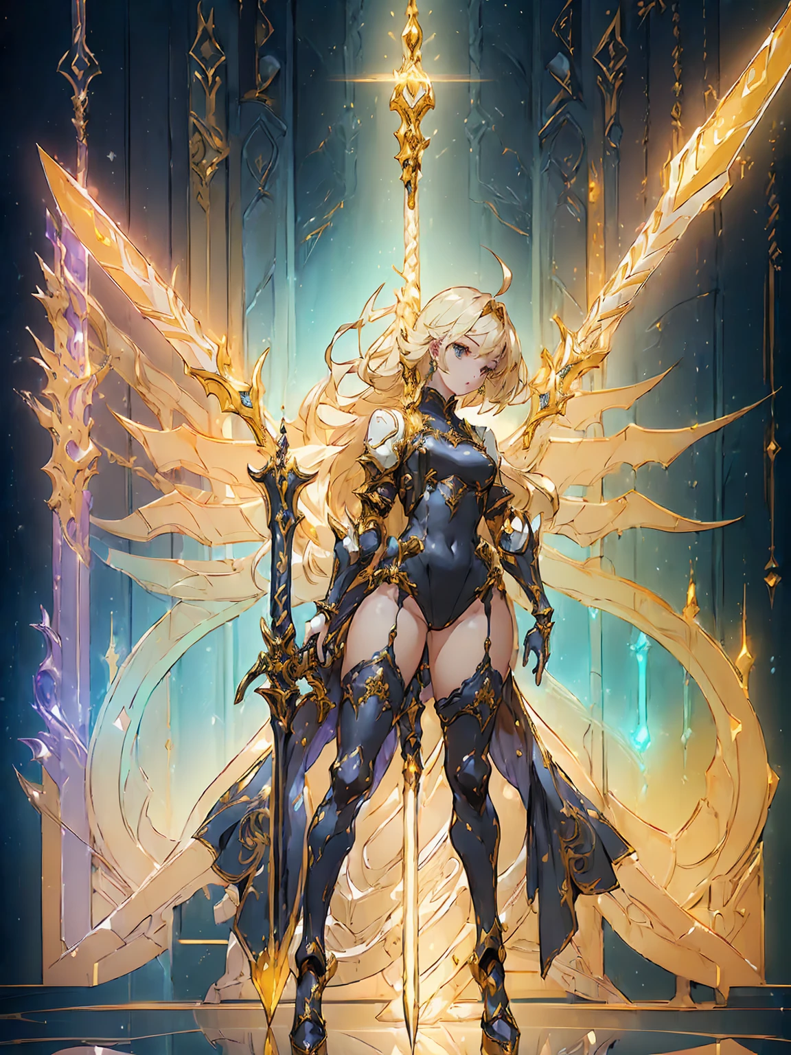 Design a layout showcase Gaming character, ((1girl)), sorcerer:1.2, Golden+Purle clothes, stylish and unique, ((showcase weapon:1.4)), magic staff, (masterpiece:1.2), (best quality), 4k, ultra-detailed, (Step by step design, layout art:1.5), (luminous lighting, atmospheric lighting), Final Fantasy style, magican, ((glove full hands)), fran, viera, (((revealing clothes:1.3))), vambraces, armored legwear, (((full_body_shot:1.4))), Niji, back_view, T_pose