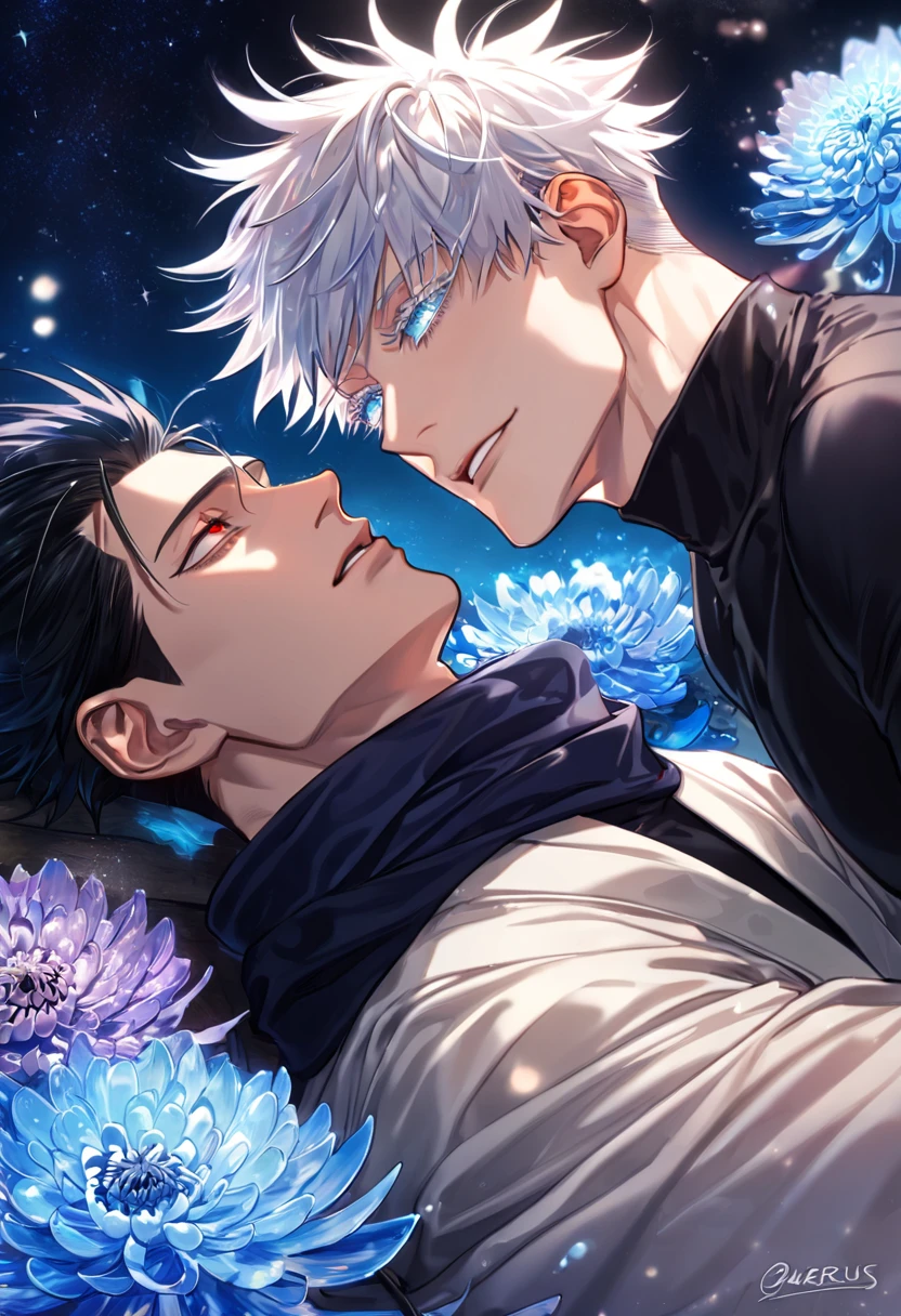 absurdres, highres, ultra detailed, HDR, master piece, best quality, extremely detailed, Gojou Satoru, white hair, expressive blue eyes, white eyelashes, Jujutsu Kaisen, Kaerius, black hair, expressive red eyes, two sexy men together, yaoi, gay couple, handsome, sensual, black scarf, white haori, black tight shirt, fantasy, water, sparkling, blue glittering fireflies, blue moon, blue blossoms, blue chrysanthemums, blue sparkling lights, starry sky, magical