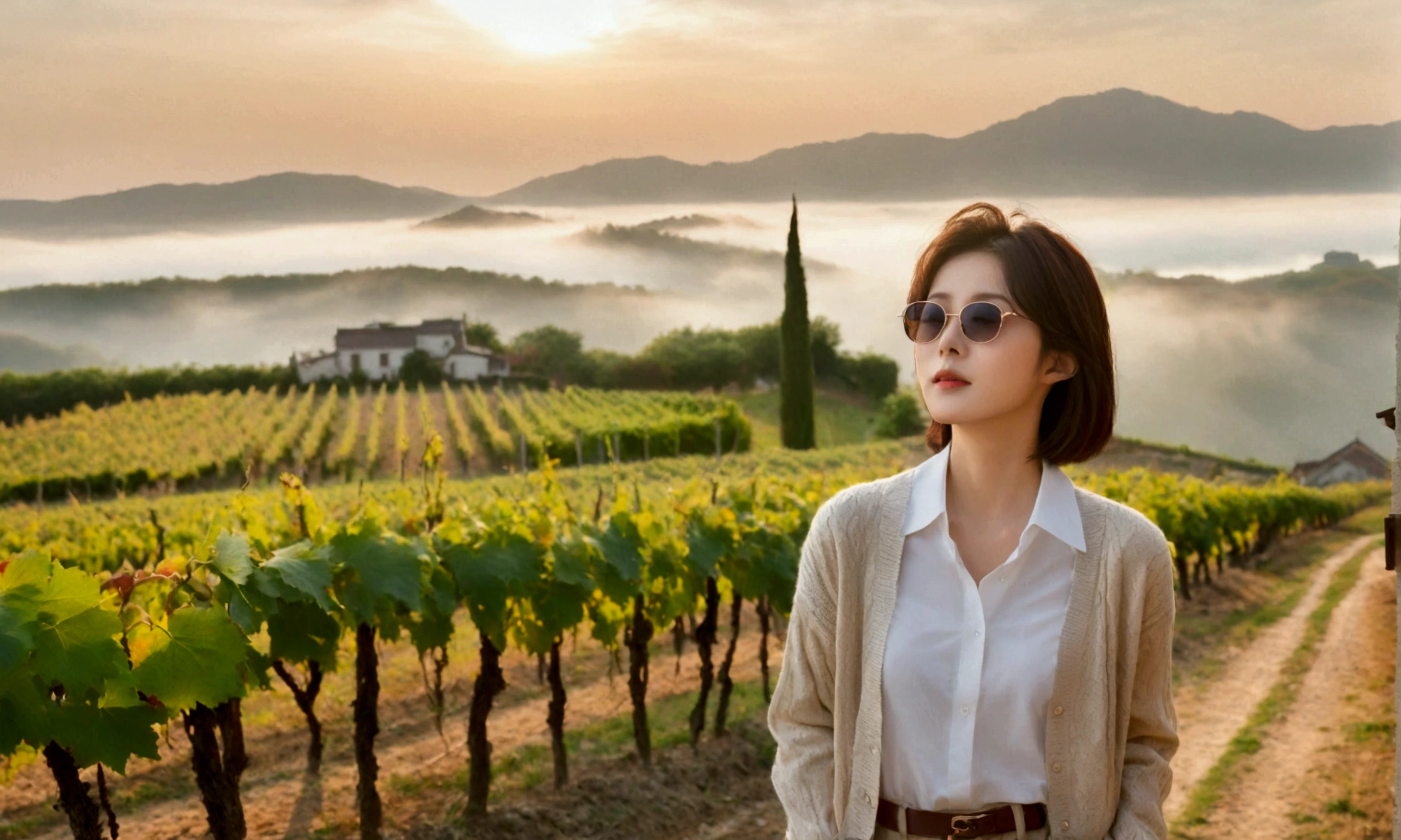 best quality, In 8K, 32K, Photo of a beautiful 36-year-old Korean woman, short medium hair, Inspired by Son Ye-jin, whole body, face focus, Shirt that goes up to the neck and a short cardigan from a luxury brand, beige casual pants, Italian countryside vineyard background, Ranged、make a happy face, 새벽 진한 한개속 The cathedral is visible in the distance, There is thick fog, path, looking up the side, Wear a shirt that covers your chest, The cathedral is visible in the distance, Photo of endless vineyard scenery, look up the side. thick dawn fog, Well-groomed hair, Photo of an elegant and modest woman, Endless vineyards, Vivid picture quality, Clear picture quality, The cathedral is visible in the distance. 언덕 위 path, 1 woman, colonnade가 있는 휘어진 path 언덕에서 바라본다. colonnade, Luxury brand thick horn-rimmed sunglasses, Show your waist