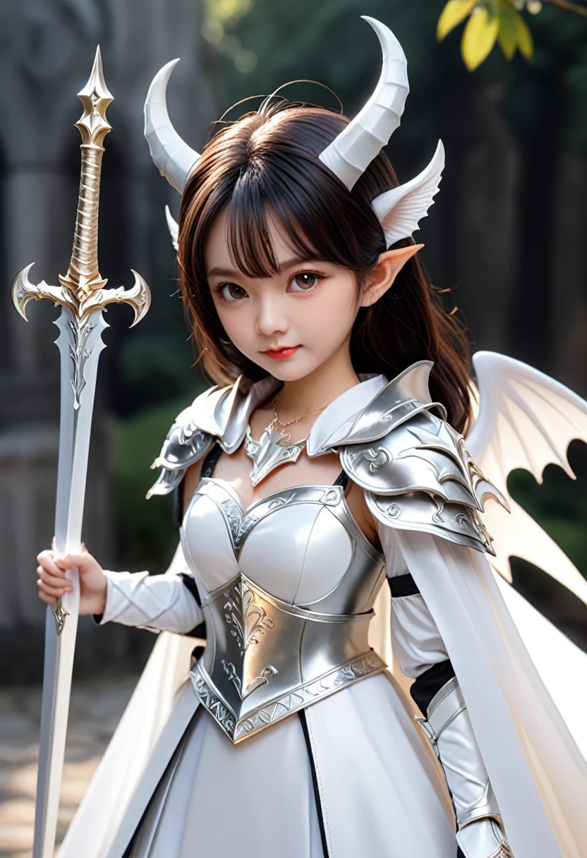(masterpiece, Highest quality)、Cute Girl Demon King、Pointy Ears、Horns growing from his head、Silver armor、White devil wings、Not scary、The sword in her hand has a white blade、頭以外はSilver armorに包まれている、A fluttering white cape、Not scary、