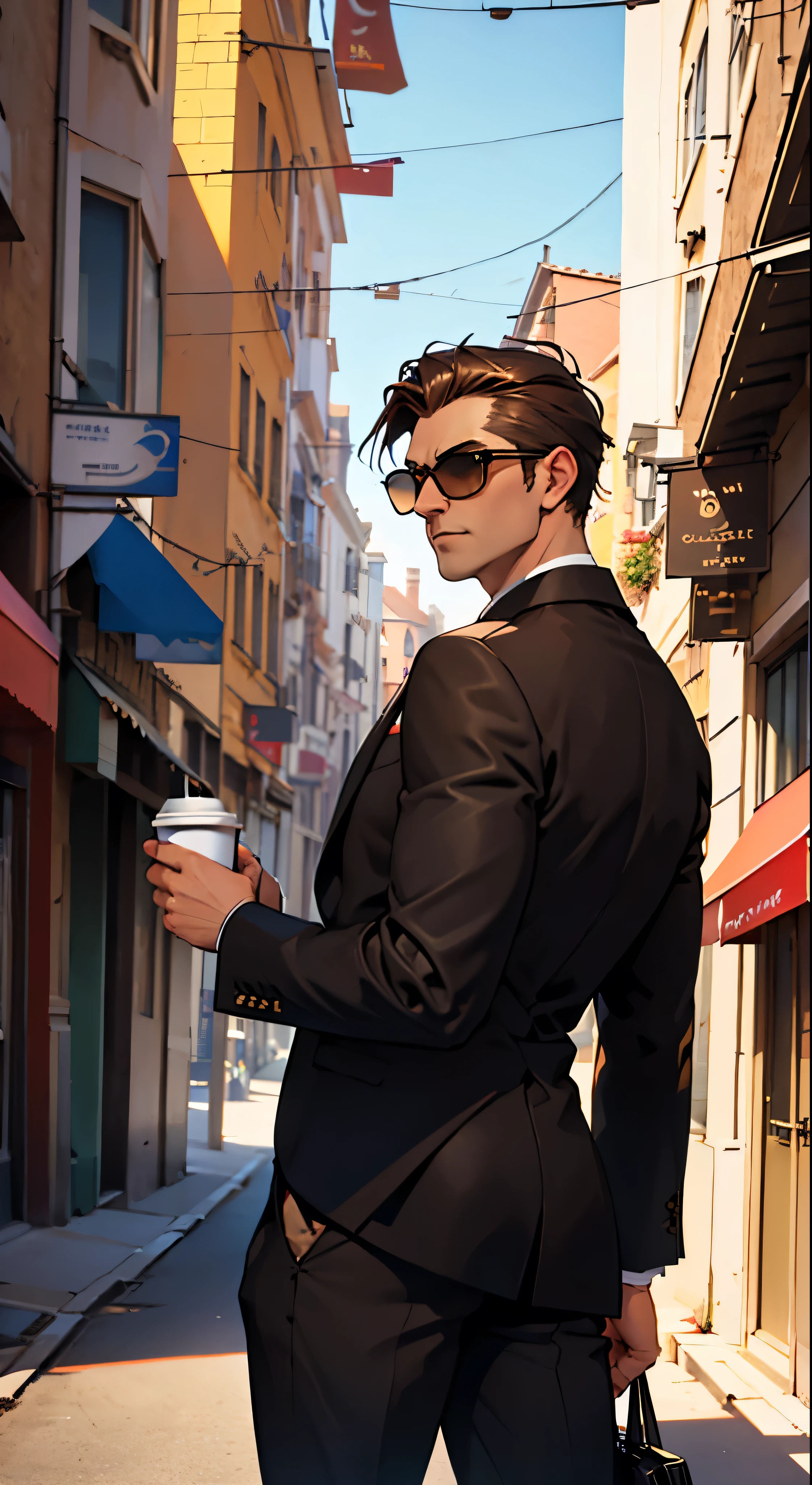 Dark brown suit, sunglasses, In town, look back, holding a paper cup of coffee, Surrealism, cinematic lighting, UHD, high details, best quality, highres, 8k