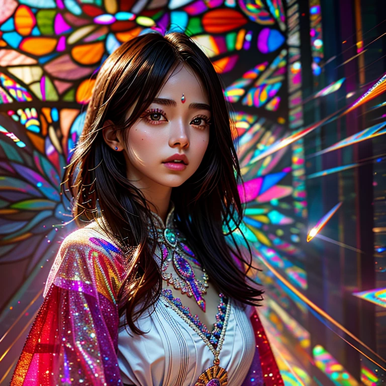 SFW, concept art, Tiny junior idol, Delicate lace knitted white clothes, (nipple:-0.9), face closeup, (Elaborate stained glass Background:1.37), (((Renbutsu Misako), colorful Light shines through delicate stained glass:1.2, vivid red colors, Luminous Particles, light Particles))(Acutance:0.8). (ProfessionalPhoto:1.2),(ultra-detailed:1.37), (Extremely detailed KAWAII face variations, innocent expression variations), rosy cheeks, intricate detailed eyes with sparkling highlights, long eyelashes with volume, subtle blush on the face. Mystic sight, haze, Impeccable Radiant PearlSkin with Transparency, captivating gaze, ((Dynamic-angle)), whole Body proportions and all limbs are anatomically accurate .