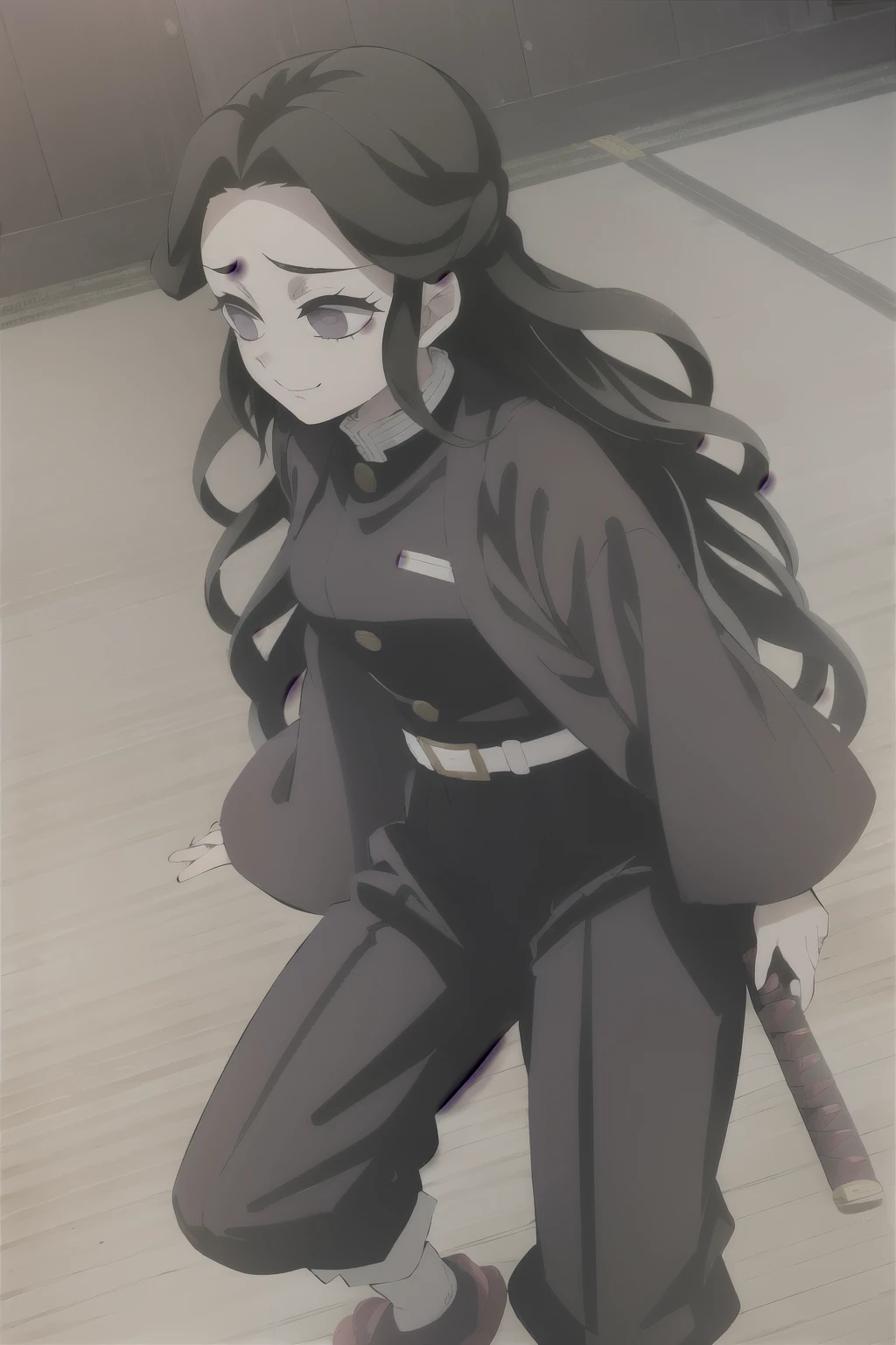 Kimetsu no yaiba style {{Demon slayer uniform, long pants, long sleeved}} Japanese temple, long wavy hair, dark brown hair, dark brown and purple eyes, cheerful, sweet dynamic pose, lace socks, {{belt with black katana}} medium breasts, {{bright red jacket}} high quality, pretty, good hands, sitting in a train, 1girl, 1person