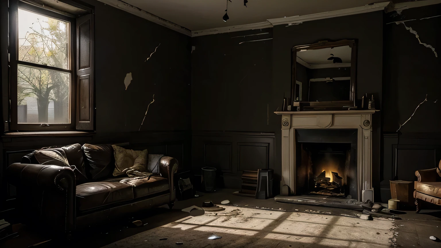 An old living room with a dusty sofa and a fireplace filled with ashes. The walls are cracked, and the wallpaper is peeling. Shadows move unnaturally across the walls, creating an atmosphere of unease. The room is dimly lit, with only a faint glow from the fireplace casting eerie shadows.