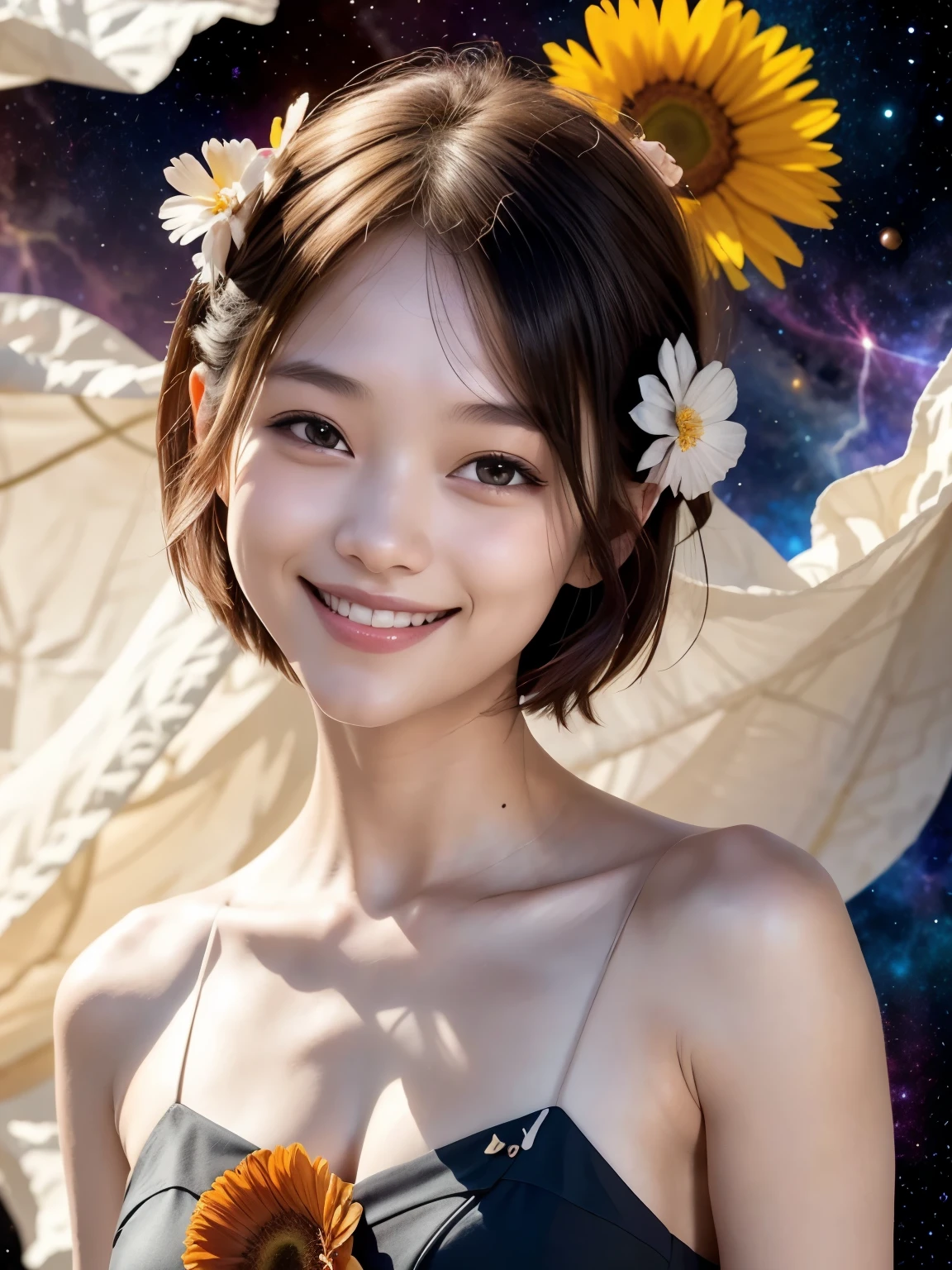 258 19-year-old female, (short hair),(Abstract background,universe), smile, flower