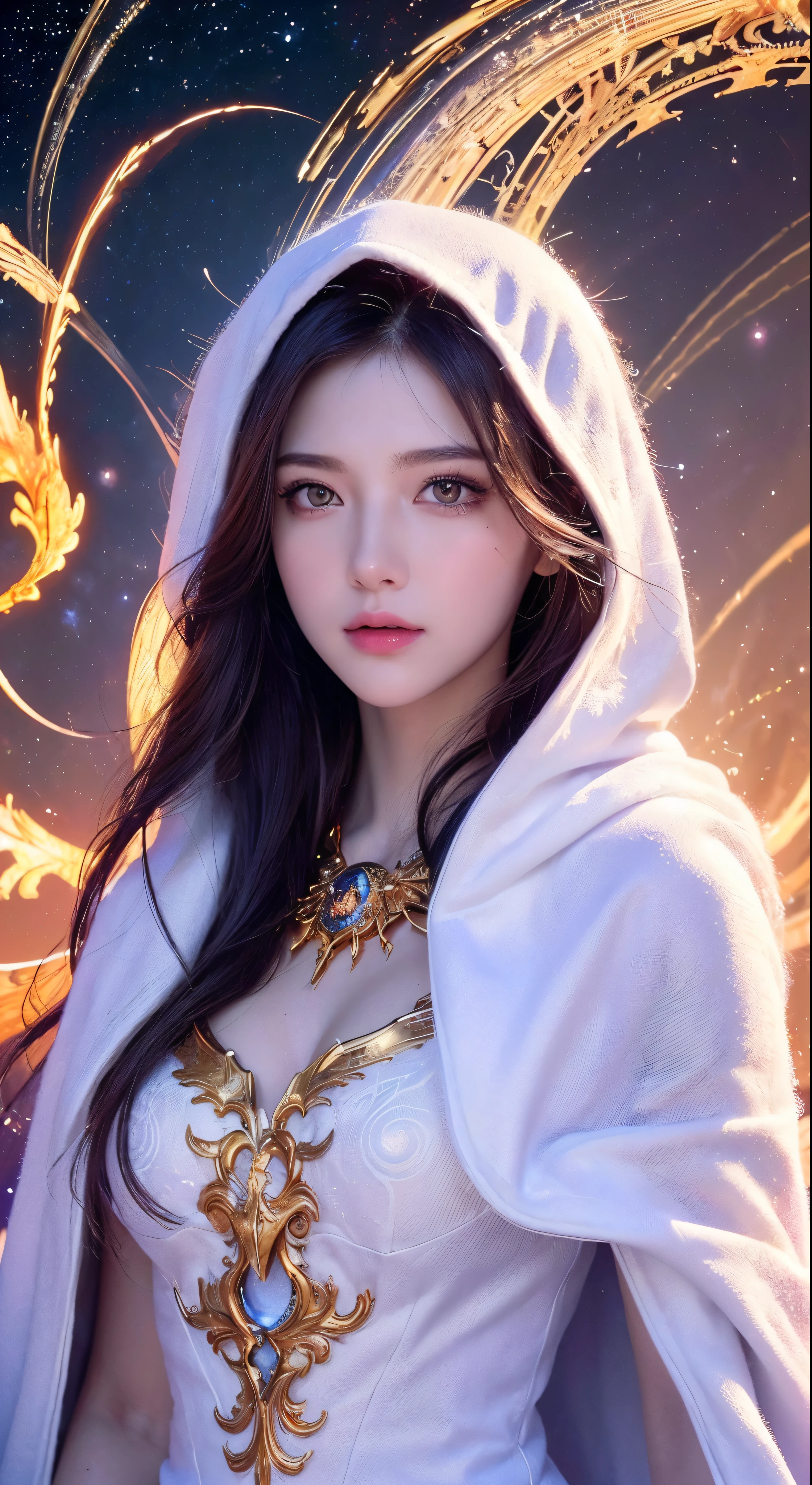 (masterpiece, top quality, best quality, official art, beautiful and aesthetic:1.2), (1girl), extreme detailed eyes, (fractal art:1.3), colorful, highest detailed, (perfect face), shiny skin, HDR, (white cloak golden lines:1.2), galaxy, (light streaks), striking visuals, (dynamic streaks, luminous trails:1.2), vibrant colors, (phoenix), (dragon)