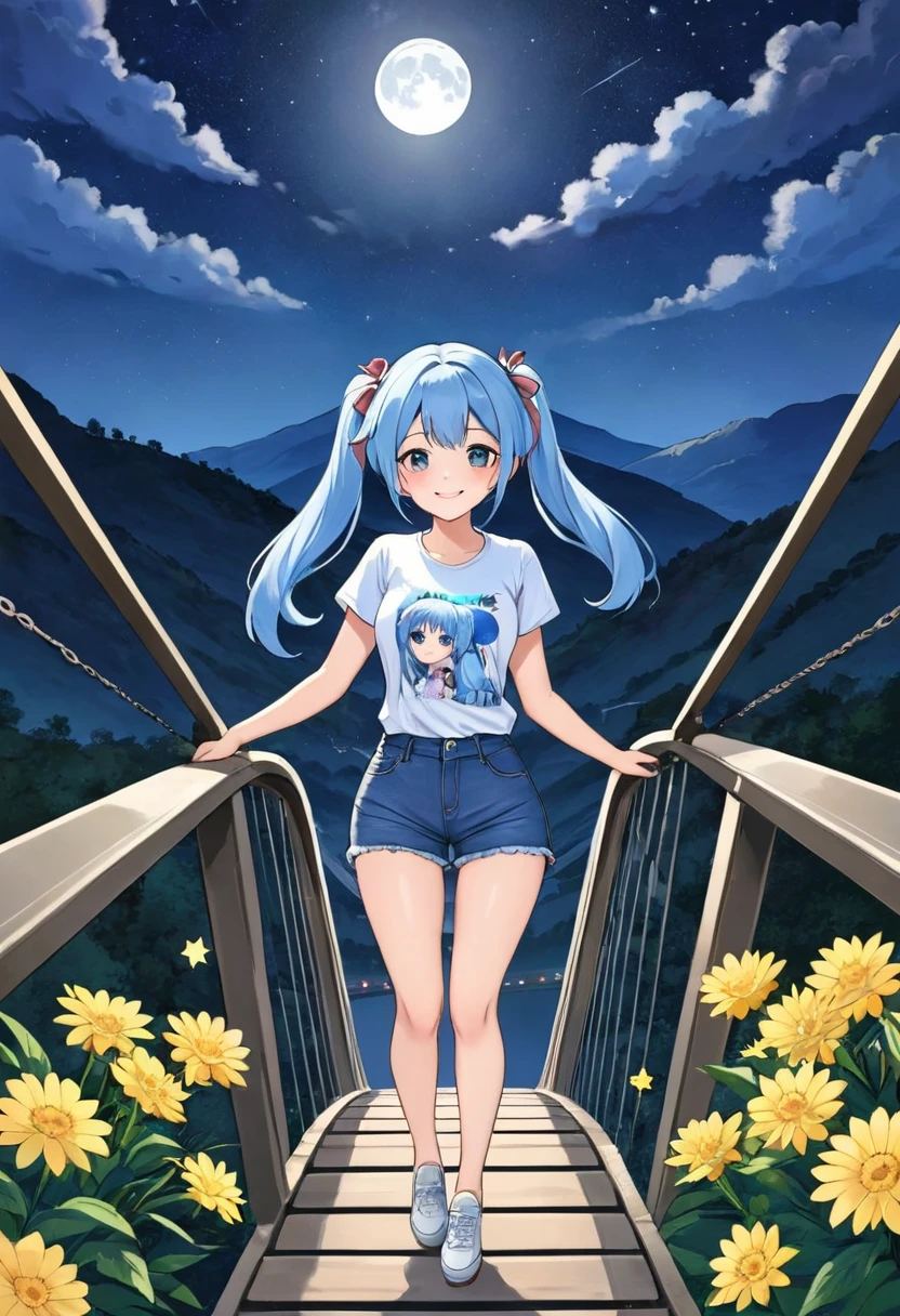 Light blue long hair、Beautiful girl with twin tails、Bigger in the center、Bright smile、T-shirt and denim shorts、Crossing a suspension bridge over a valley、From the top of the suspension bridge、Looking fearfully into the valley、Flowers around the valley々Surrounded by、Night Sky、shooting star、moon、Face Highlights