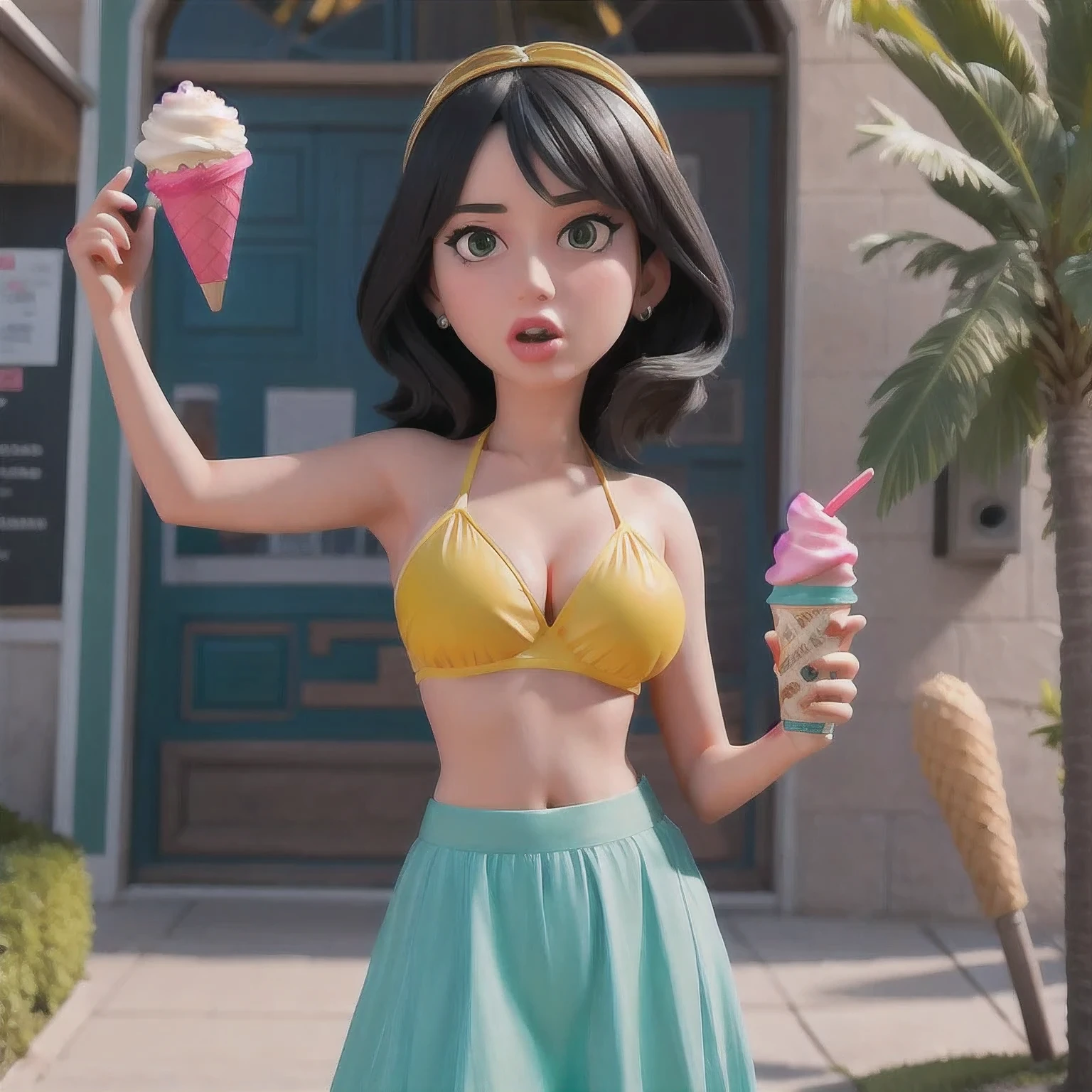 araffe1 girl in a bikini eating an ice cream cone, eating ice cream, in a bikini, angela white, giorgia meloni, katy perry, in bikini, eating ice - cream, wearing spandex bikini, ice cream on the side, bikini, ice cream, wearing a bikini, candid photo of dirty, shiny plastic bikini, candid shot, cone, 1 girl, solo,in a green dress standing by a wall,portrait of female idol,