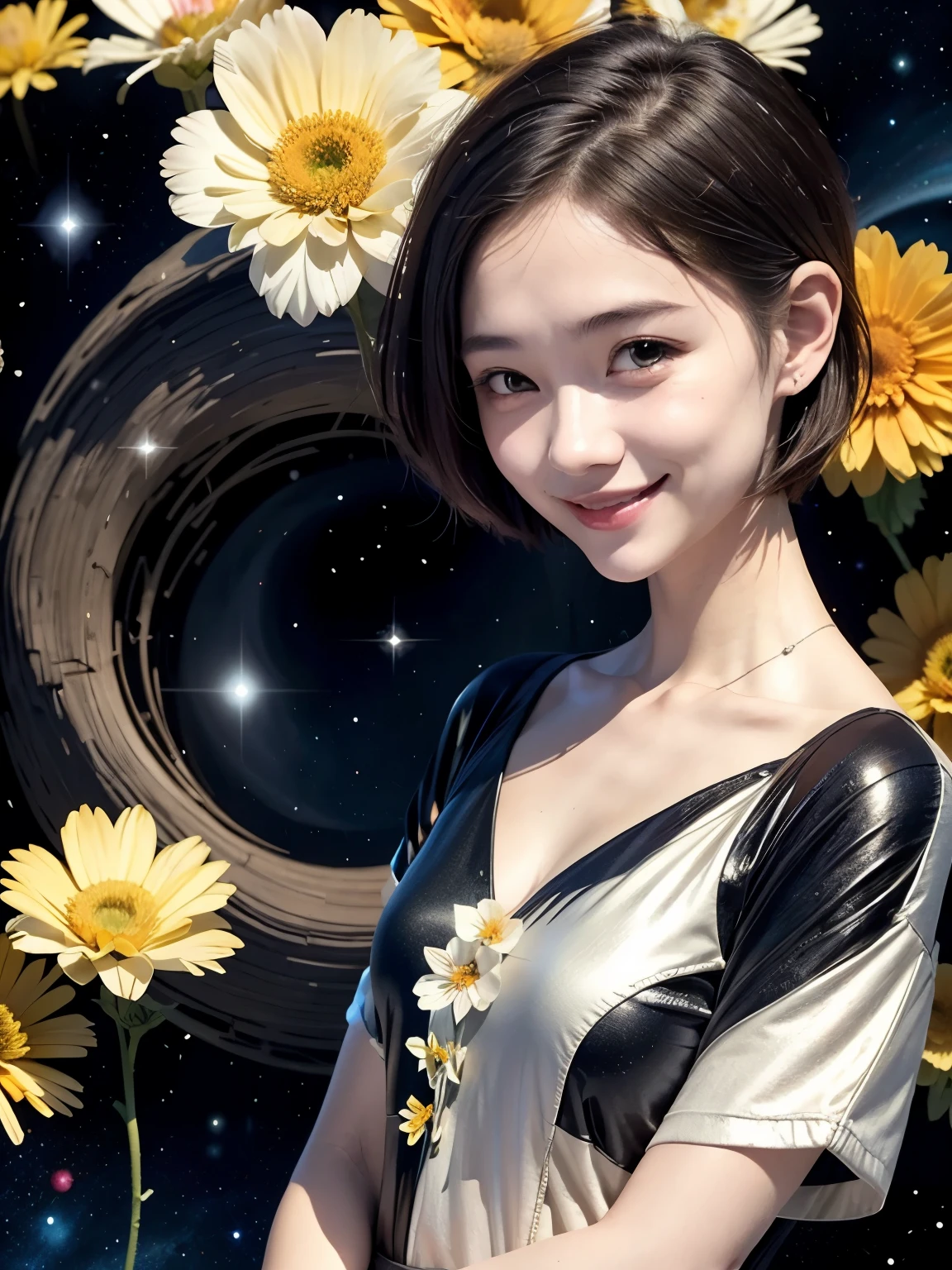 258 19-year-old female, (short hair),(Abstract background,universe), smile, flower