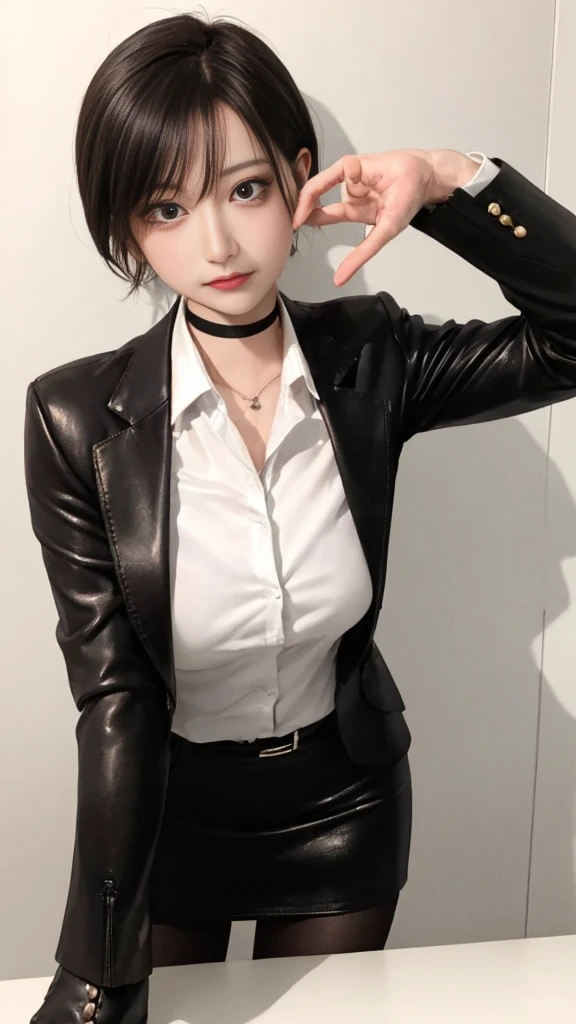 Woman walking through the office hall, on a spoonful of alcohol, White wall, Grey table, Posters on the wall,
(((Tabletop))), ((Highest quality)), ((Intricate details)), ((Surreal)), Absurd resolution, Mature Woman, Small face、27-year-old female, perspective, Very detailed, figure, One Girl,(Big Breasts), Perfect hands, Detailed fingers, Beautiful attention to detail, short hair, Brown eyes, chief executive officer（CEO）, (business attire:1.2), Blazer and slender lapel dress are the same color, Black leather tight skirt, Black choker, Earrings, stockings, Detailed Background, Bedroom, Perfect Eyes, Seductive eyes, Looking at the audience, from the front、Top view、On all fours、One boy, penis、Fallatio、,  Woman sucking panis to the root、Top view大きな胸, 