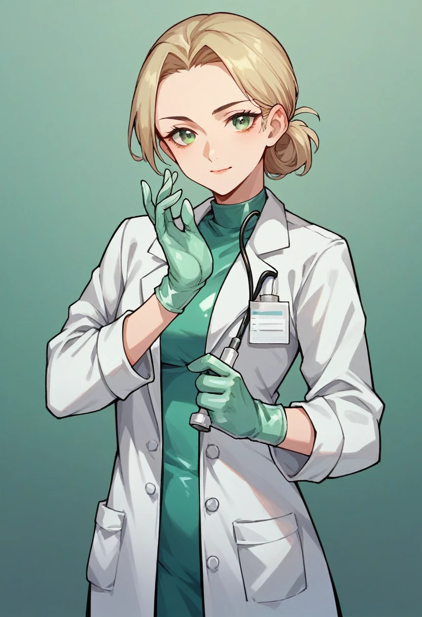 1girl, ((light green gloves)), ((surgical gloves)), ((latex gloves)), ((((long sleeves)))), looking at viewer, ((white doctor outfit)), standing, solo
