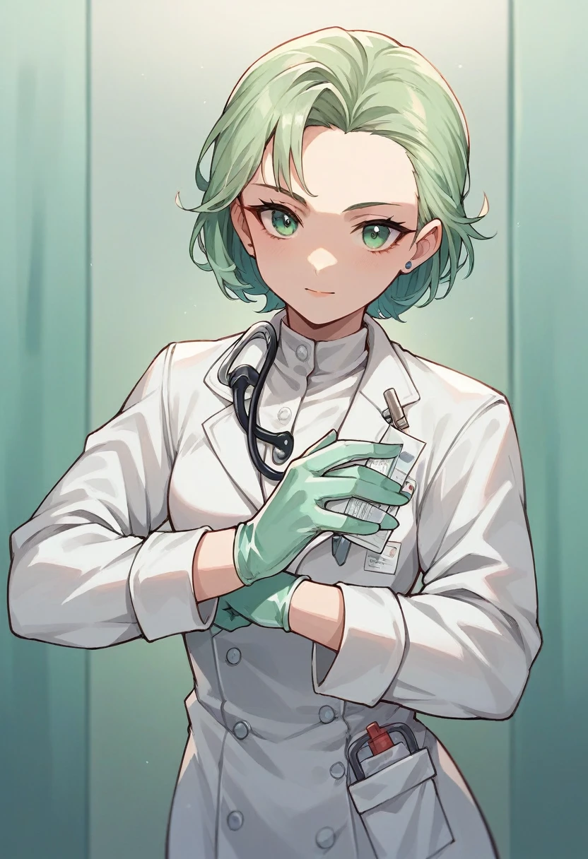 1girl, ((light green gloves)), ((surgical gloves)), ((latex gloves)), ((((long sleeves)))), looking at viewer, ((white doctor outfit)), standing, solo