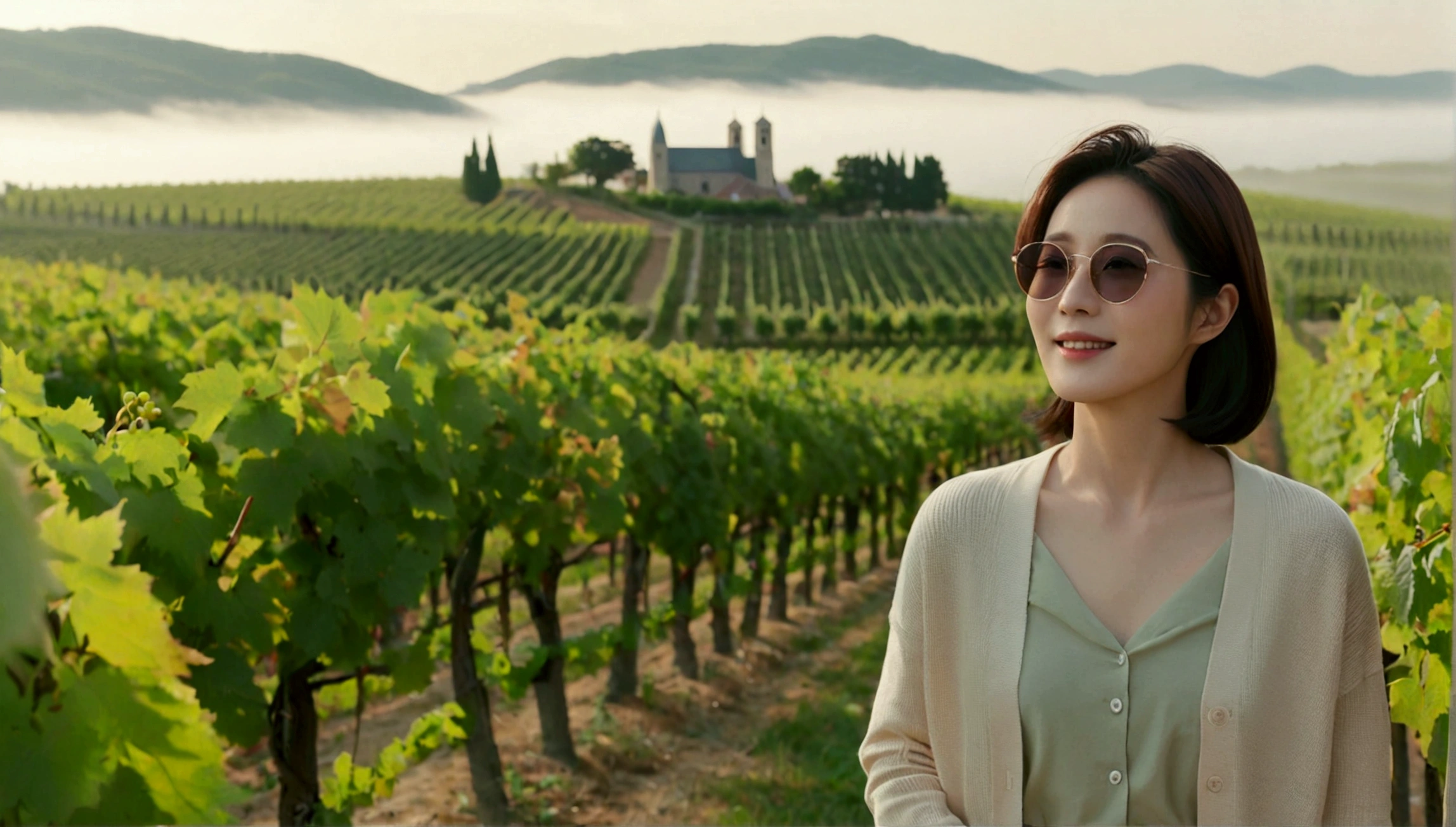Intentional quality, In 8K, 32K, Photo of a beautiful 36-year-old Korean woman, short medium hair, Inspired by Son Ye-jin, whole body, face focus, Shirt that goes up to the neck and a short cardigan from a luxury brand, beige casual pants, Italian countryside vineyard background, Ranged、make a happy face, 새벽 진한 한개속 The cathedral is visible in the distance, There is thick fog, path, looking up the side, Wear a shirt that covers your chest, The cathedral is visible in the distance, Photo of endless vineyard scenery, look up the side. thick dawn fog, Well-groomed hair, Photo of an elegant and modest woman, Endless vineyards, Vivid picture quality, Clear picture quality, The cathedral is visible in the distance. 언덕 위 path, 1 woman, colonnade가 있는 휘어진 path 언덕에서 바라본다. colonnade, The waist area is visible. 휘어진 path에 서있다, The cathedral is visible in the distance. colonnade가 있는 어덕길에 서있다. Luxury brand large horn rimmed sunglasses, Sunglasses details, Both sides of the glass are the same size