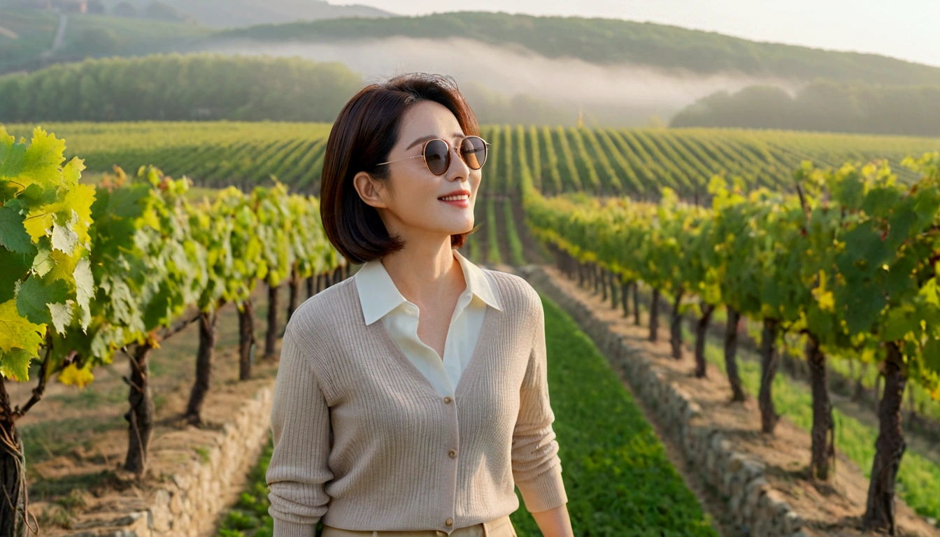 Intentional quality, In 8K, 32K, Photo of a beautiful 36-year-old Korean woman, short medium hair, Inspired by Son Ye-jin, whole body, face focus, Shirt that goes up to the neck and a short cardigan from a luxury brand, beige casual pants, Italian countryside vineyard background, Ranged、make a happy face, 새벽 진한 한개속 The cathedral is visible in the distance, There is thick fog, path, looking up the side, Wear a shirt that covers your chest, The cathedral is visible in the distance, Photo of endless vineyard scenery, look up the side. thick dawn fog, Well-groomed hair, Photo of an elegant and modest woman, Endless vineyards, Vivid picture quality, Clear picture quality, The cathedral is visible in the distance. 언덕 위 path, 1 woman, colonnade가 있는 휘어진 path 언덕에서 바라본다. colonnade, The waist area is visible. 휘어진 path에 서있다, The cathedral is visible in the distance. colonnade가 있는 어덕길에 서있다. Luxury brand large horn rimmed sunglasses, Sunglasses details, Both sides of the glass are the same size