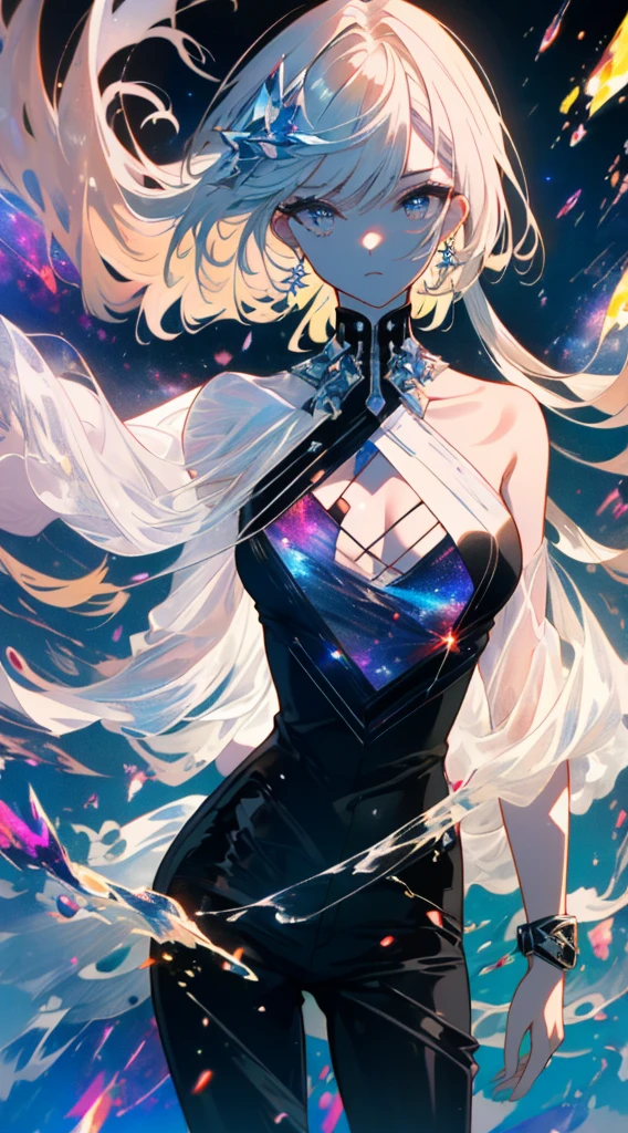 (((8k wallpaper of extremely detailed CG unit, masterpiece, hight resolution, top-quality))), ((Beautuful Women, white hair, Shiny hair, Model-like posture)), ((extra detailed face, Highly detailed black eyes, extra detailed body, Top quality real texture skins)), (beautiful anime eye, Beautiful detailed eyes, Sparkling eyes, different colored eyes, Red Eyes, Blue eyes, de pele branca,), (nigh sky, Galaxy, nebulas), hyper realisitic, digitial painting,