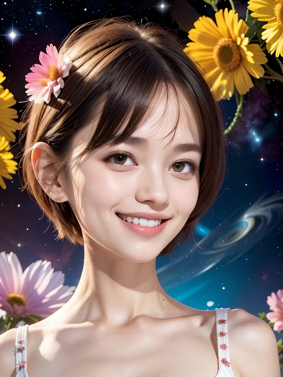258 19-year-old female, (short hair),(Abstract background,universe), smile, flower