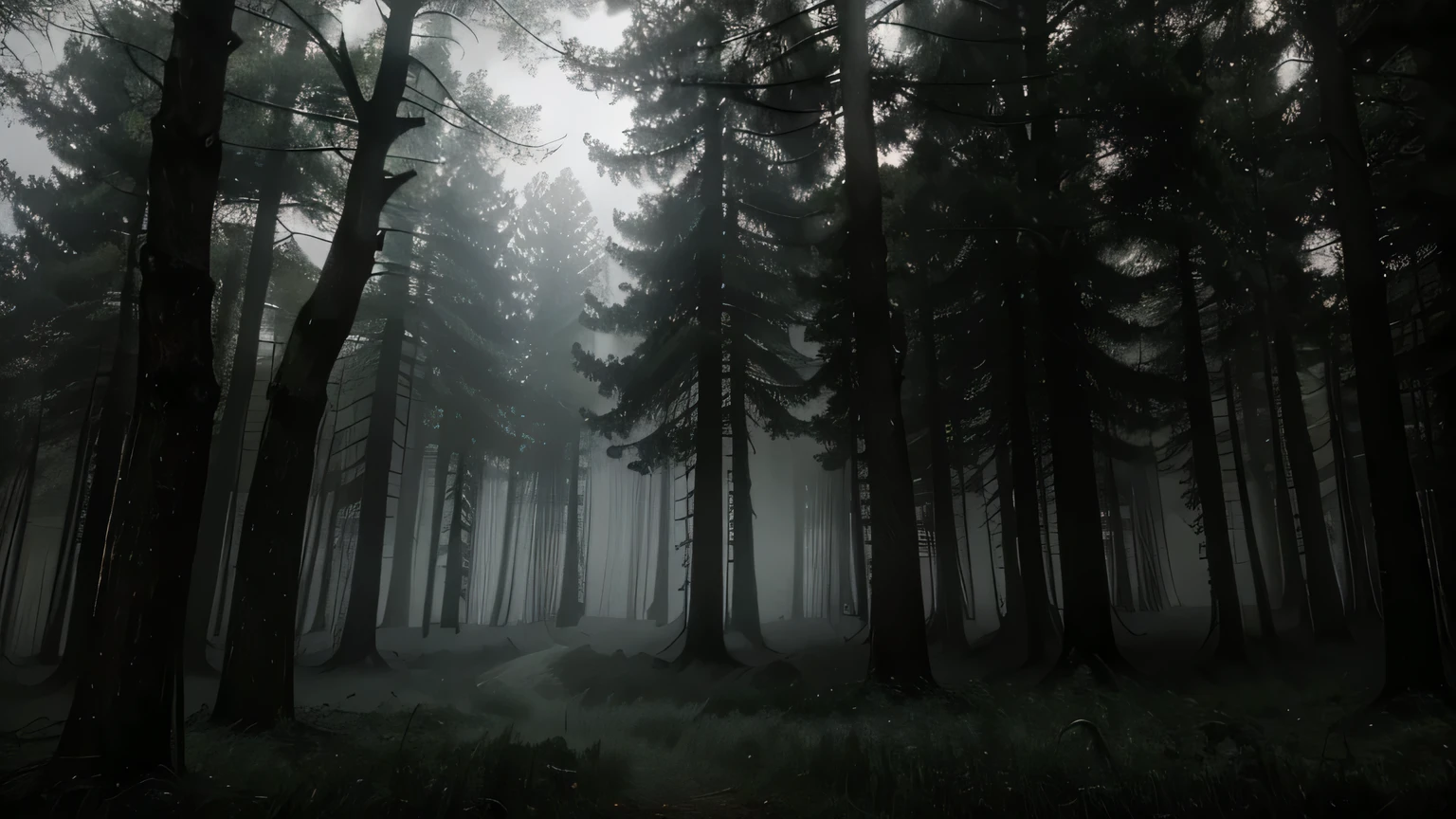 A dense forest shrouded in fog. The trees are tall and twisted, with ghostly silhouettes appearing among them, barely visible. The fog rolls in, thick and impenetrable, adding to the sense of dread. The moonlight filters through the trees, casting long, ominous shadows.