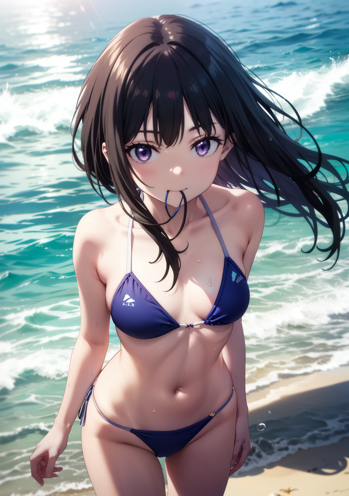 Takiuchikami, Check it out, Long Hair, bangs, Black Hair, (Purple eyes:1.2),Light blue bikini string swimsuit,barefoot,Water Play,Wet Hair,Wet Skin,Wet swimsuit,smile,Open your mouth,True Summer,whole bodyがイラストに入るように,
break outdoors,Ocean,Sandy Beach,Beach,
break looking at viewer, whole body,(Cowboy Shot:1.5),
break (masterpiece:1.2), Highest quality, High resolution, unity 8k wallpaper, (figure:0.8), (Beautiful attention to detail:1.6), Highly detailed face, Perfect lighting, Highly detailed CG, (Perfect hands, Perfect Anatomy),