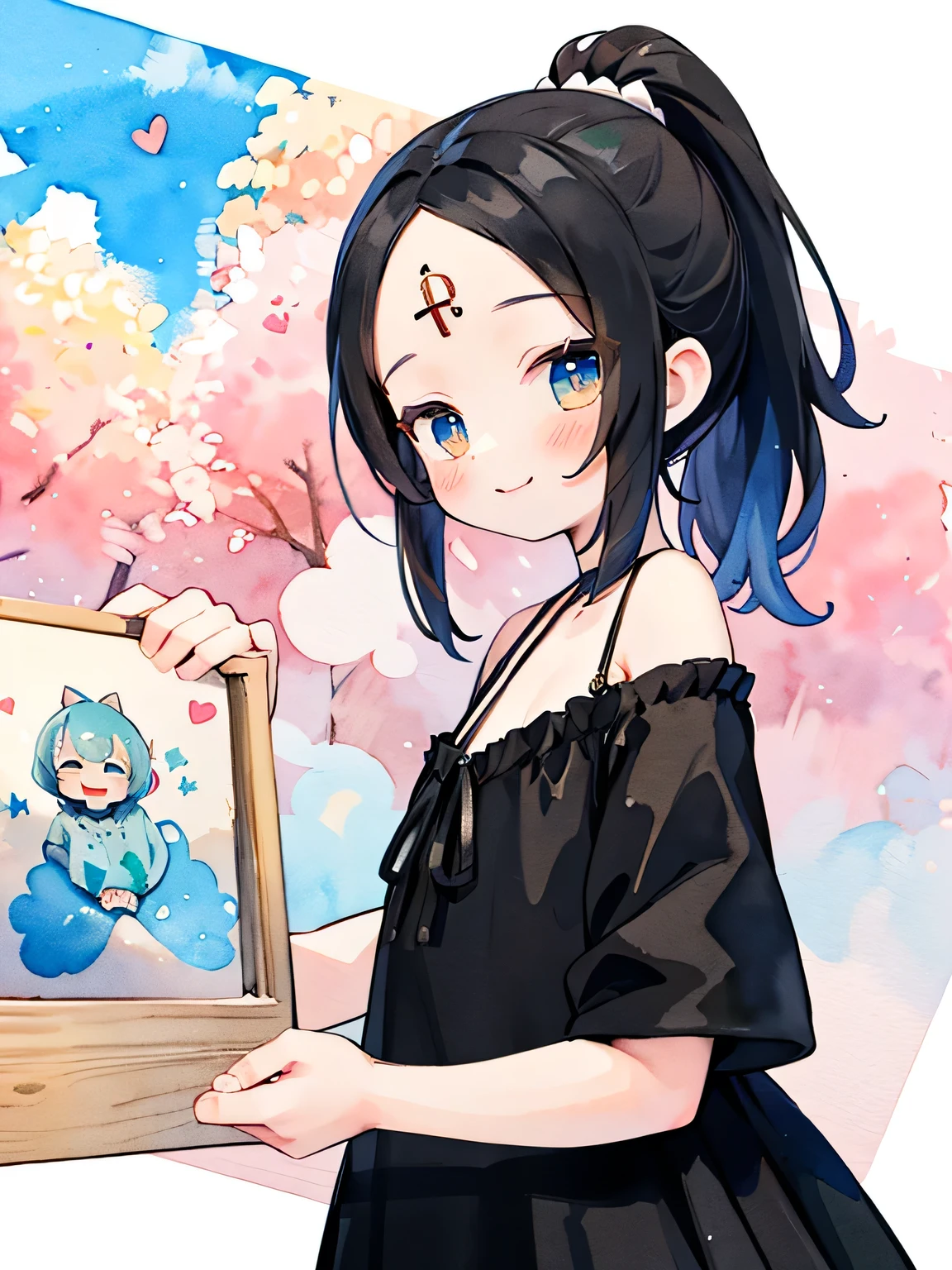 sideview,solo,(black color) high ponytail ,(big forehead:1.3),(big smile),offshoulder,black cute dress shining heart, crap, smile、Pastel colors、Cute illustrations、(Watercolor)、