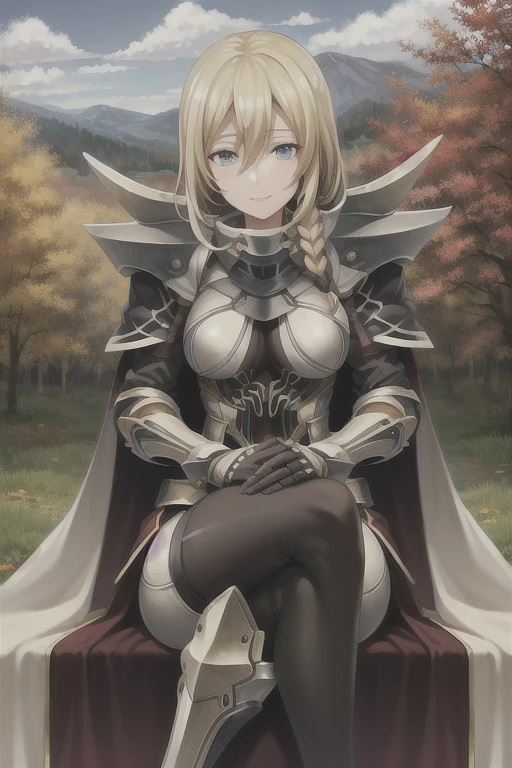 best quality, (masterpiece:1.2), illustration, absurdres,
(1girl, solo), (beautiful detailed girl), cowboy shot,
Arianrhod, blond hair, long hair, braid, blue eyes, large breasts,
armor, knight, (shoulder armor, pauldrons:1.1), faulds, gauntlets, breastplate, (black_bodysuit:1.3), pantyhose, armored_boots, greaves, red waistcloak, cape,
calm, smile, looking at viewer,
overlooking distant mountains, distant river, (pine forest), autumn colors, sky, clouds, intricate, detailed background,, crossed legs