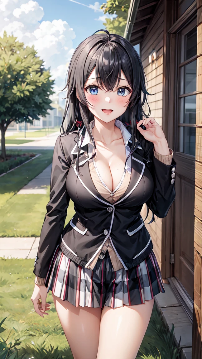 Masterpiece ,best quality , high resolution , (1 girl solo:1.38) , (yukino yukinoshita, black hair, blue eyes, long hair, ahoge) , (cleavage:1.02) , (big breast:1.03) , (blazer, cardigan, jacket, plaid skirt, , skirt, high ) , (face view , look at view , front view , from front) , ( outdoor , grass , tree , in campus ) , (standing , thighs ) , (cowboy_shot) , (smile , open mouth full face blush , shy )