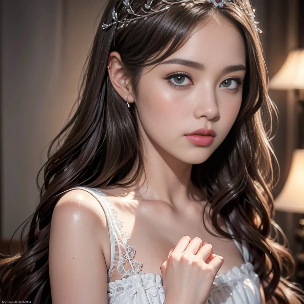 (best quality, 4k, Masterpiece, ultra detailed, hyperrealism, RAW quality), ((The face of the most beautiful young girl)), the most beautiful face ever created, gray-eyed princess, seductive look, ultra-detailed pupil, captivating, clean, perfect, (rose tiara), red wet lips, (Japanese body language with hands: embarrassed), (sticking out tongue), RAW quality,