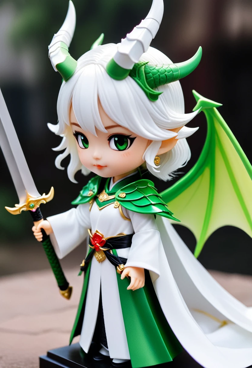 (masterpiece, Highest quality)、Cute Girl Dragon King、Pointy Ears、Horns growing from his head、White Chinese Armor、Green devil wings、Not scary、The sword in her hand has a black blade、Except for his head, he is covered in white armor.、A fluttering white cape、Not scary、
