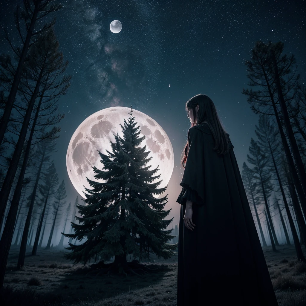 word "Tree Of Shadows" silver colored written in front of a dark and gothic red tree, with the giant moon behind.
