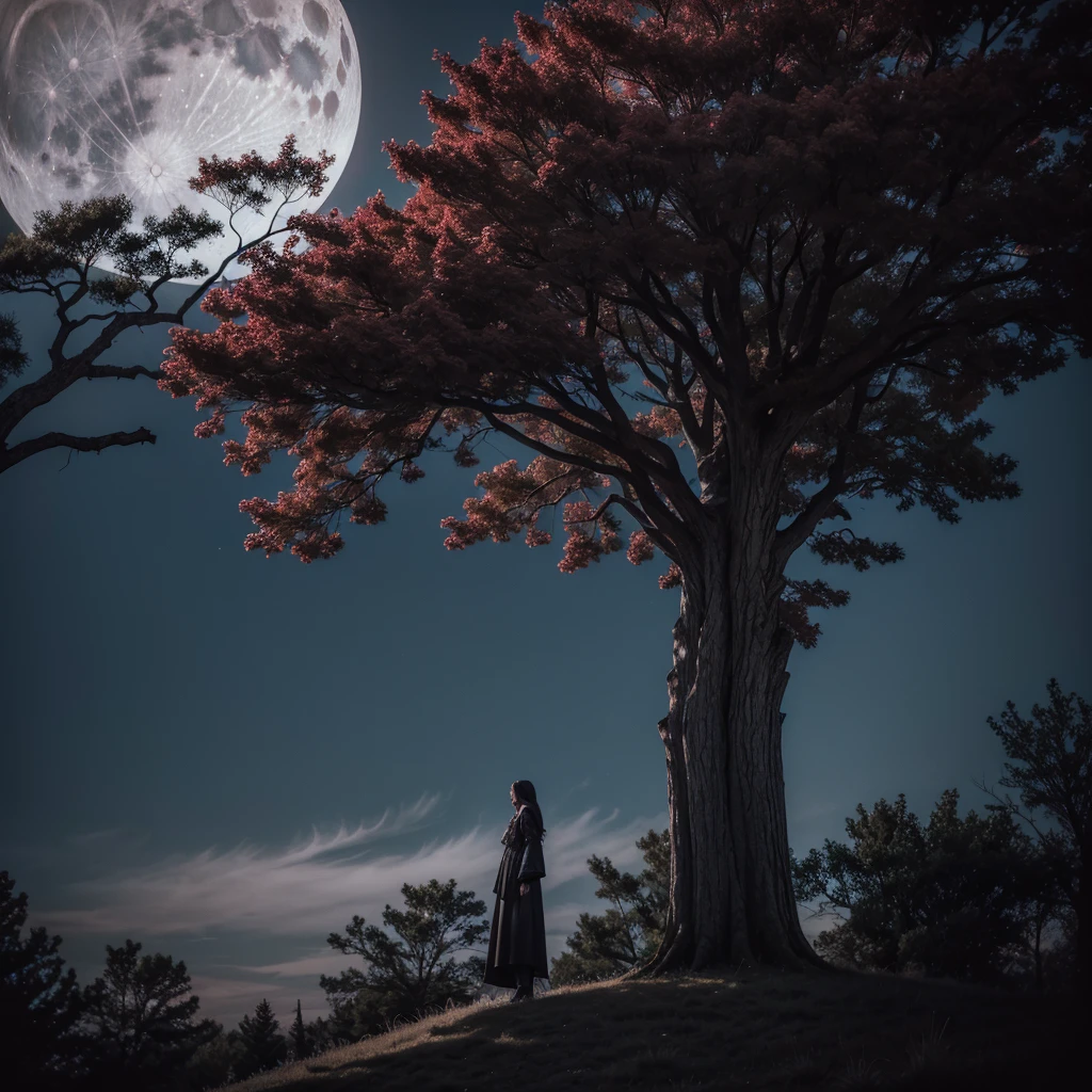 word "Tree Of Shadows" silver colored written in front of a dark and gothic red tree, with the giant moon behind.