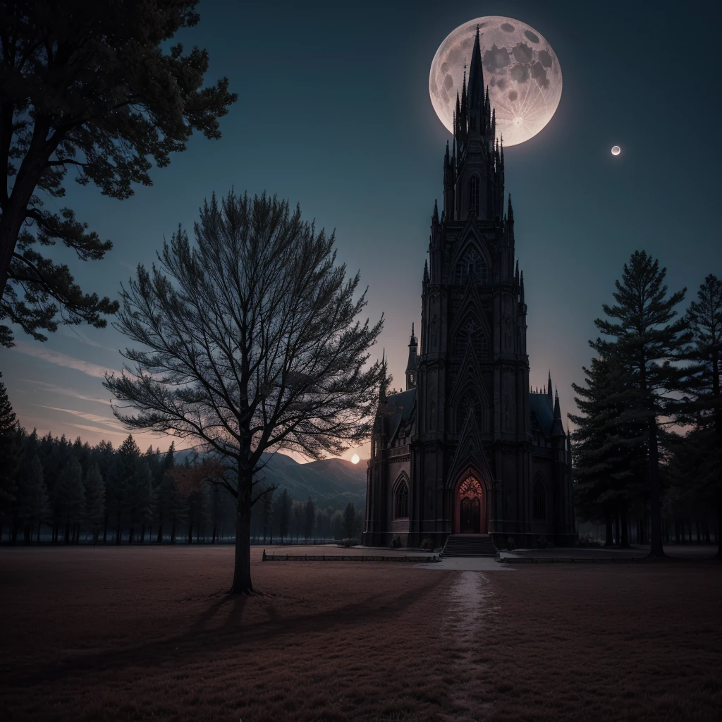 word "Tree Of Shadows" silver colored written in front of a dark and gothic red tree, with the giant moon behind.