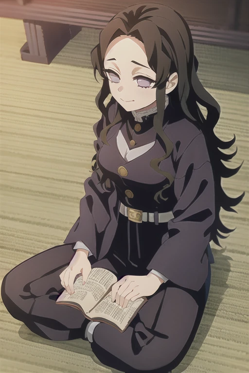 Kimetsu no yaiba style {{Demon slayer uniform, long pants, long sleeved, cleavage}} Japanese train, long wavy hair, dark brown hair, dark brown and purple eyes, cheerful, sitting pose, close eyes, lace socks, {{belt with black katana}} medium breasts, {{red jacket}} high quality, pretty, good hands, sitting, 1girl, 1person