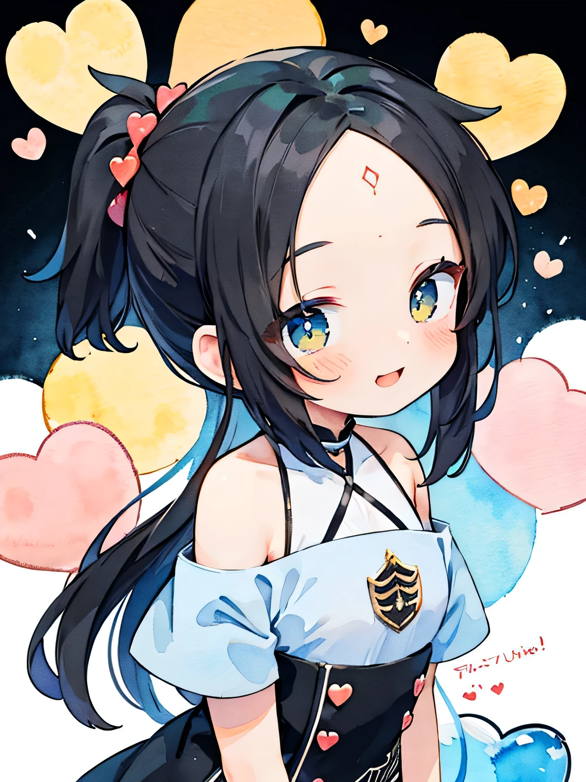 sideview,solo,(black color) high ponytail ,(big forehead:1.3),(big smile),offshoulder,black cute dress shining heart, crap, smile、Pastel colors、Cute illustrations、(Watercolor)、