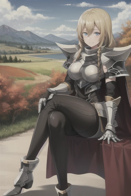 best quality, (masterpiece:1.2), illustration, absurdres,
(1girl, solo), (beautiful detailed girl), cowboy shot,
Arianrhod, blond hair, super-long hair, braid, blue eyes, large breasts,
armor, knight, (shoulder armor, pauldrons:1.1), faulds, gauntlets, breastplate, (black_bodysuit:1.3), pantyhose, armored_boots, greaves, red waistcloak, cape,
calm, smile, looking at viewer,
overlooking distant mountains, distant river, (pine forest), autumn colors, sky, clouds, intricate, detailed background,, crossed legs