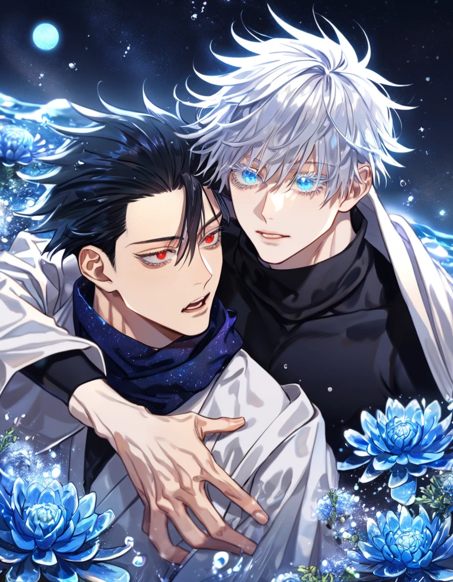 absurdres, highres, ultra detailed, HDR, master piece, best quality, extremely detailed, Gojou Satoru, white hair, expressive blue eyes, white eyelashes, Jujutsu Kaisen, Kaerius, black hair, expressive red eyes, two sexy men together, yaoi, gay couple, handsome, sensual, black scarf, white haori, black tight shirt, fantasy, water, sparkling, blue glittering fireflies, blue moon, blue blossoms, blue chrysanthemums, blue sparkling lights, starry sky, magical