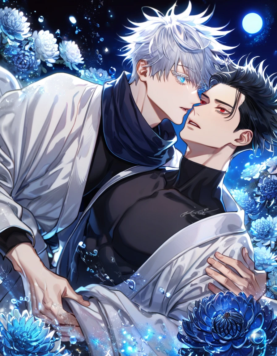 absurdres, highres, ultra detailed, HDR, master piece, best quality, extremely detailed, Gojou Satoru, white hair, expressive blue eyes, white eyelashes, Jujutsu Kaisen, Kaerius, black hair, expressive red eyes, two sexy men together, yaoi, gay couple, handsome, sensual, black scarf, white haori, black tight shirt, fantasy, water, sparkling, blue glittering fireflies, blue moon, blue blossoms, blue chrysanthemums, blue sparkling lights, starry sky, magical