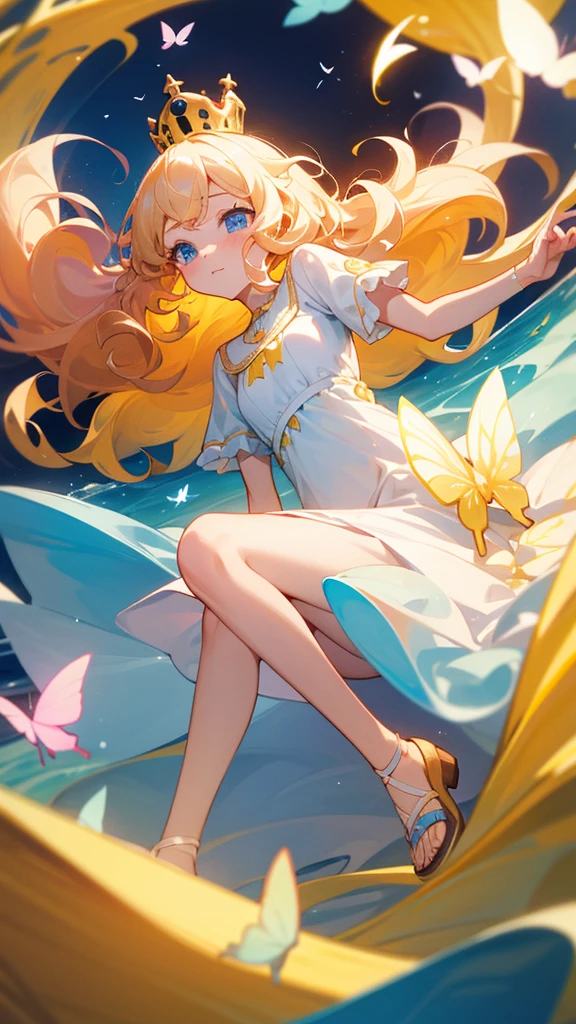 Best quality , masterpiece ,Fantasy scene ,
 ojou curls,young,cute ,long blonde hair( side bangs , big braided bangs, forehead),yellow eye,yellow sleeveless dress ,bare arms,young,petite(small top)cat girl,small smiling,floating,oval shape golden necklace, Bubbles,luminous  big
 Flower, bright shiny background  , full body, colourful round bubbles ,big planet in the sky,cosmos,a luminous colourful shiny gem in hand, colourful gem tree,luminous blue butterfly, violet and purple butterfly ,yellow butterflies ,bare_tree(gold trunks,gold leaf) ,yellow and white theme flower ground,yellow and white theme,sit on fower, holding gem