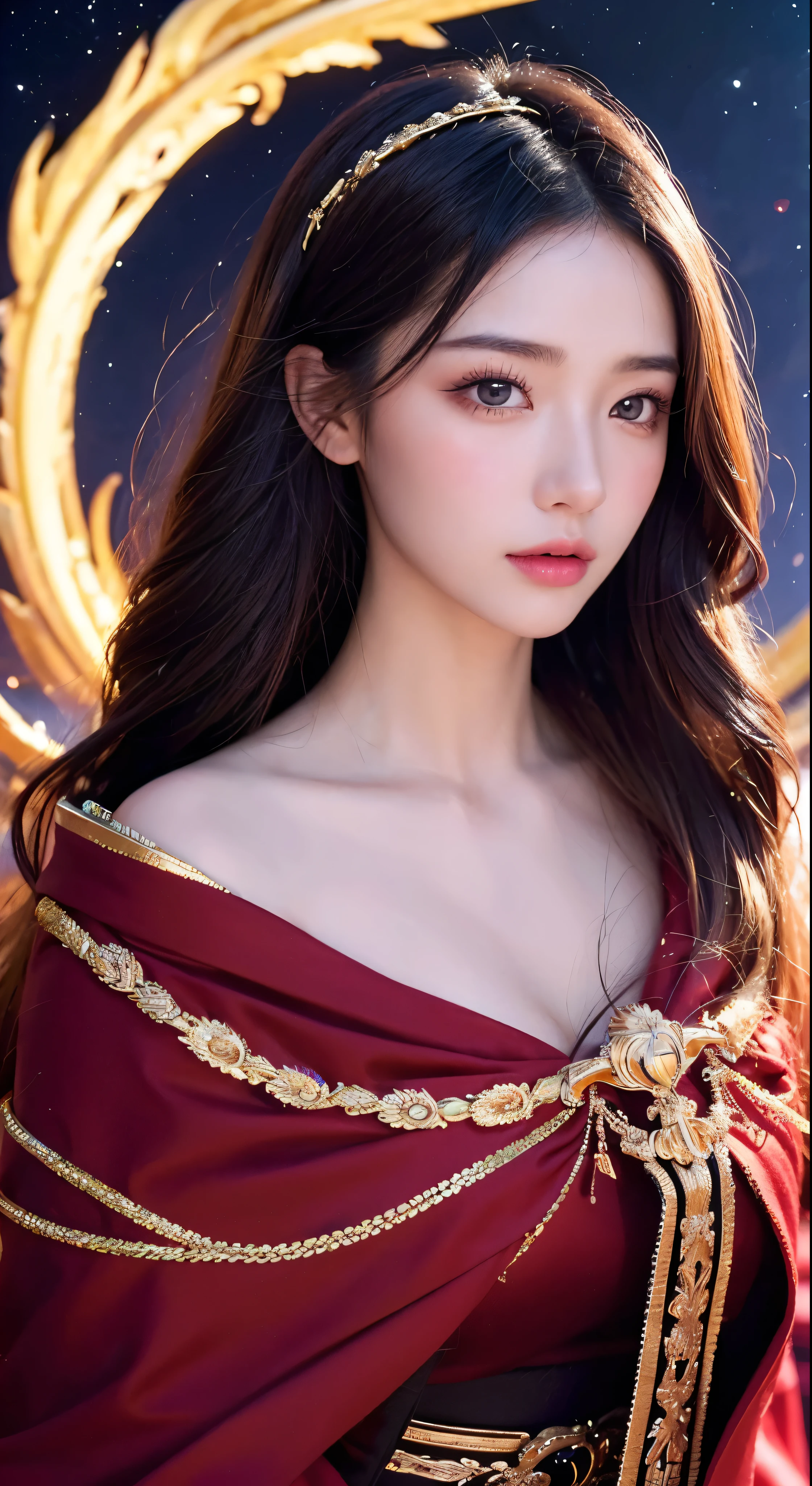(masterpiece、Highest quality、Highest quality、Official Art、Beautiful and aesthetic:1.2)、(1girl)、Extremely detailed eyes、(fractal art:1.3)、colorful、Supremely detailed、(Perfect Face)、Shiny skin、HDR、(Gold lines on a red cloak:1.2)、Milky Way、(Stripes of light)、Impressive visuals、(Dynamic stripes、A bright trajectory:1.2)、Bright colors、(Phoenix)、(dragon)　Phoenix is by the side of the beautiful woman