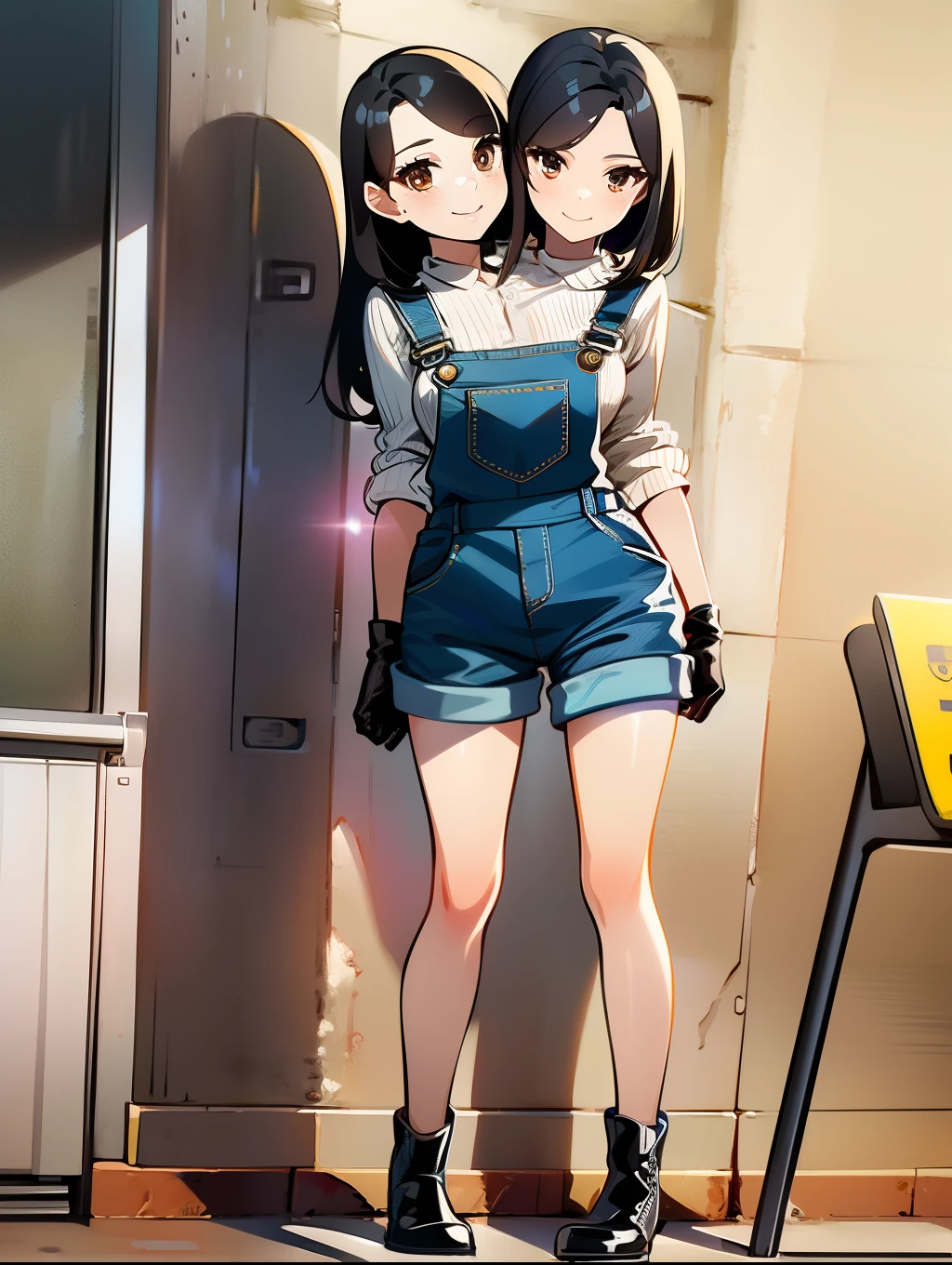 (16K), two headed girl, smiling, highres, masterpiece, ((black hair)),, ((different hair styles)), (childish personality), (brown eyes), ((denim overalls)), white shirt, ((slim hips)), casual dress, teenage girl, Beautiful girl with cute eyes, (black gloves)