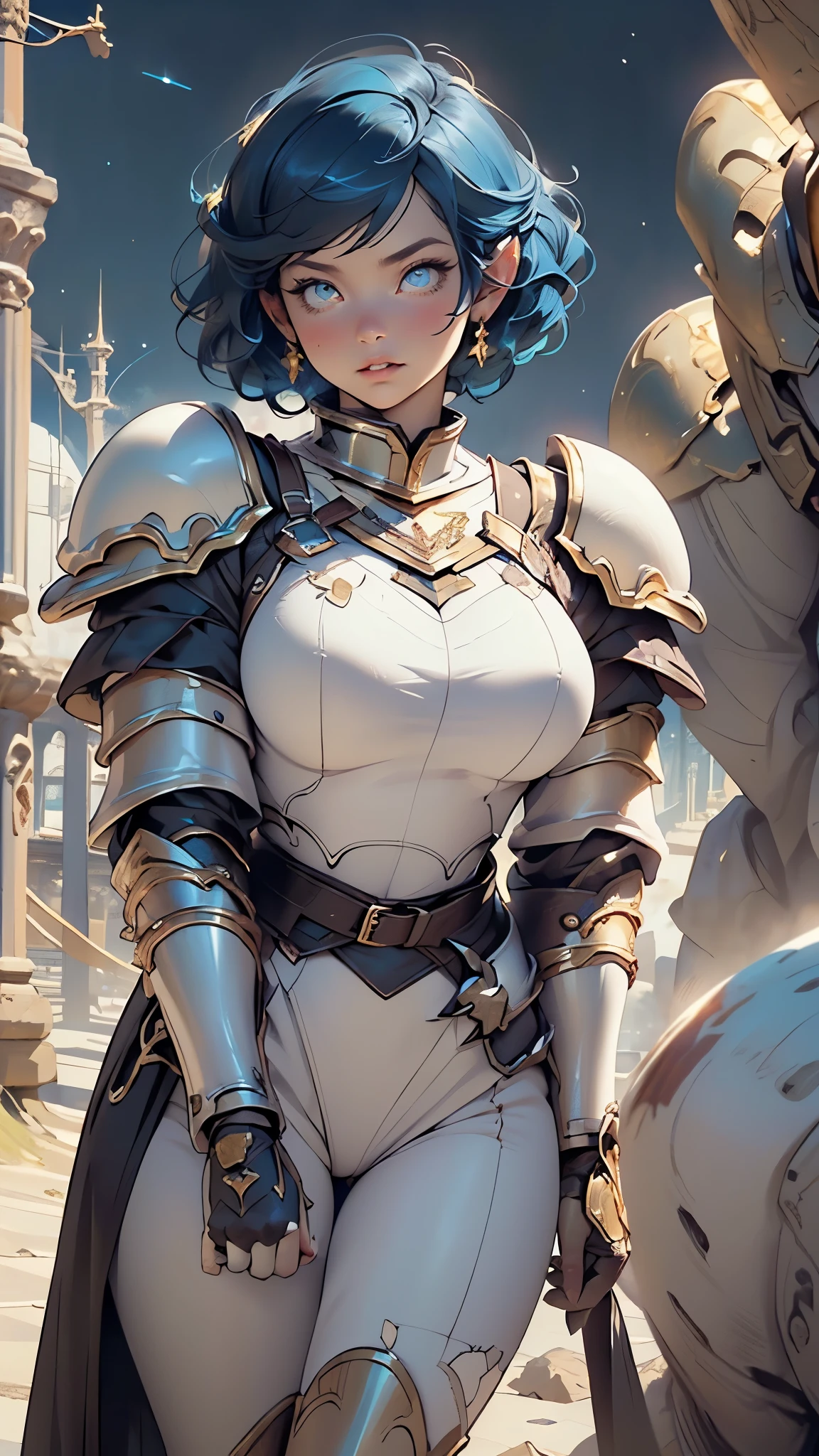 ((Highest quality))、((8K))、((Adventurer))、woman、Big eyes、Double、Soft、大人のwoman、whole body、、（armor）、((whole bodyarmor))、Goat ears、Goat horns、Black Hair、Short Hair、((sword))、Uplifting、((battlefield))、Big Breasts、Abdominal muscleuscle、pants、danger、((Medieval Europe))、Fantasy、In combat