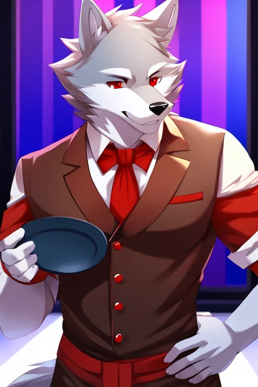 white man wolf, Red eyes, with a waiter&#39;s suit, with a black umbrella
