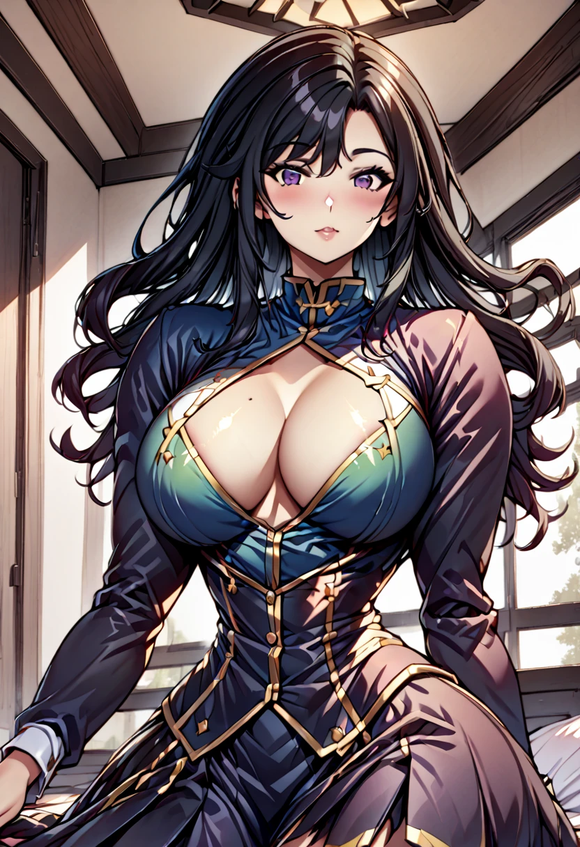 High detailed, kimtag, 1 girl, solo, black hair,huge curly hairstyle, curly bangs , purple eyes, busty, large plump breasts, Genetics's uniform, Juliet sleeves, skirt, Green Genetics's uniform, chubby body