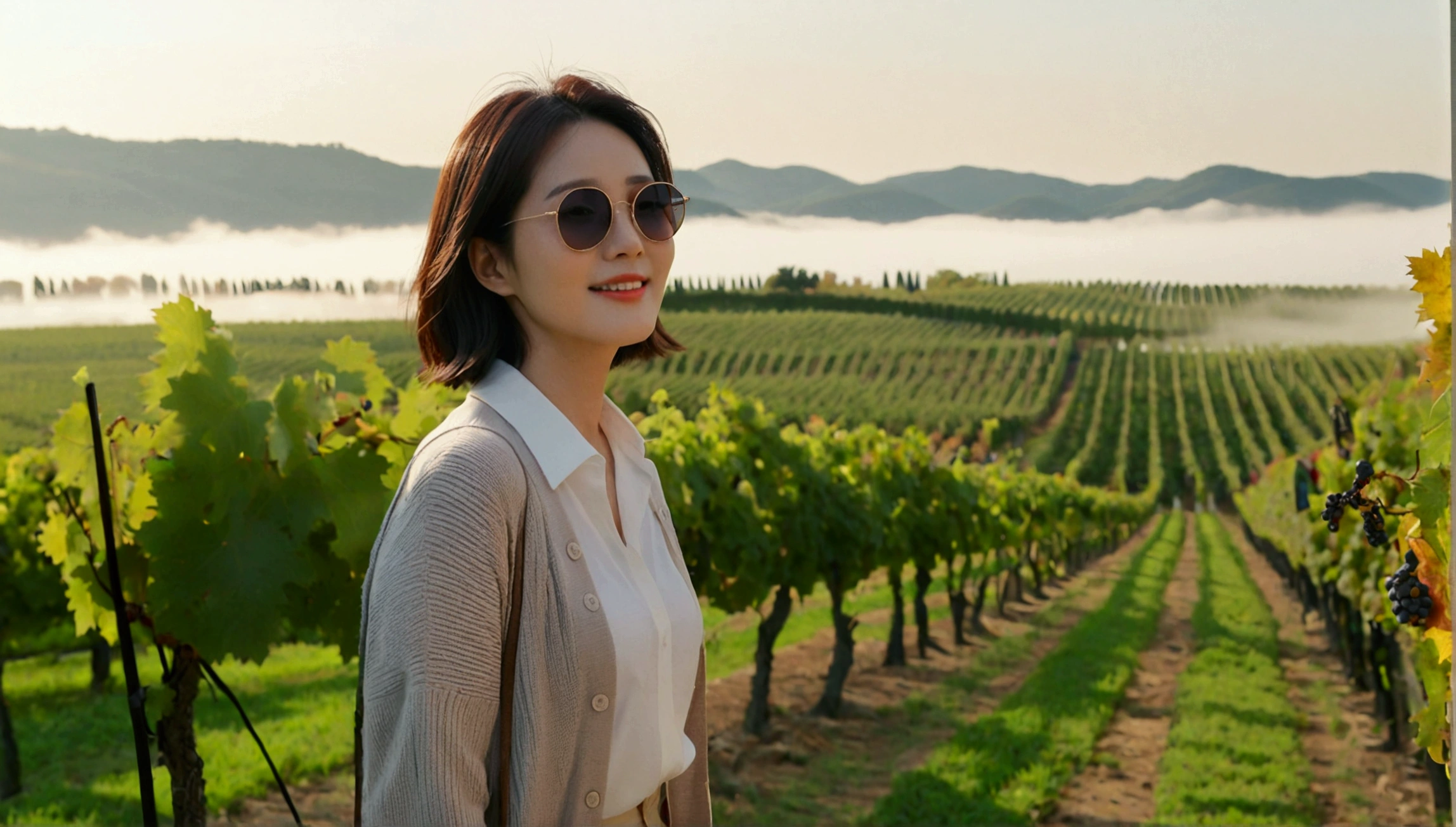 Intentional quality, In 8K, 32K, Photo of a beautiful 36-year-old Korean woman, short medium hair, Inspired by Son Ye-jin, whole body, face focus, Shirt that goes up to the neck and a short cardigan from a luxury brand, beige casual pants, Italian countryside vineyard background, Ranged、make a happy face, 새벽 진한 한개속 The cathedral is visible in the distance, There is thick fog, path, looking up the side, Wear a shirt that covers your chest, The cathedral is visible in the distance, Photo of endless vineyard scenery, look up the side. thick dawn fog, Well-groomed hair, Photo of an elegant and modest woman, Endless vineyards, Vivid picture quality, Clear picture quality, The cathedral is visible in the distance. 언덕 위 path, 1 woman, colonnade가 있는 휘어진 path 언덕에서 바라본다. colonnade, The waist area is visible. 휘어진 path에 서있다, The cathedral is visible in the distance. colonnade가 있는 어덕길에 서있다. Luxury brand large horn rimmed sunglasses, Sunglasses details, The size of both sides of the glass is constant.
