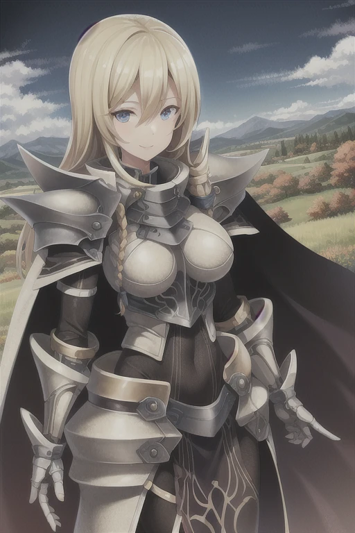 best quality, (masterpiece:1.2), illustration, absurdres,
(1girl, solo), (beautiful detailed girl), cowboy shot,
Arianrhod, blond hair, super-long hair, braid, blue eyes, large breasts,
armor, knight, (shoulder armor, pauldrons:1.1), faulds, gauntlets, breastplate, (black_bodysuit:1.3), pantyhose, armored_boots, greaves, red waistcloak, cape,
calm, smile, looking at viewer,
overlooking distant mountains, distant river, (pine forest), autumn colors, sky, clouds, intricate, detailed background,