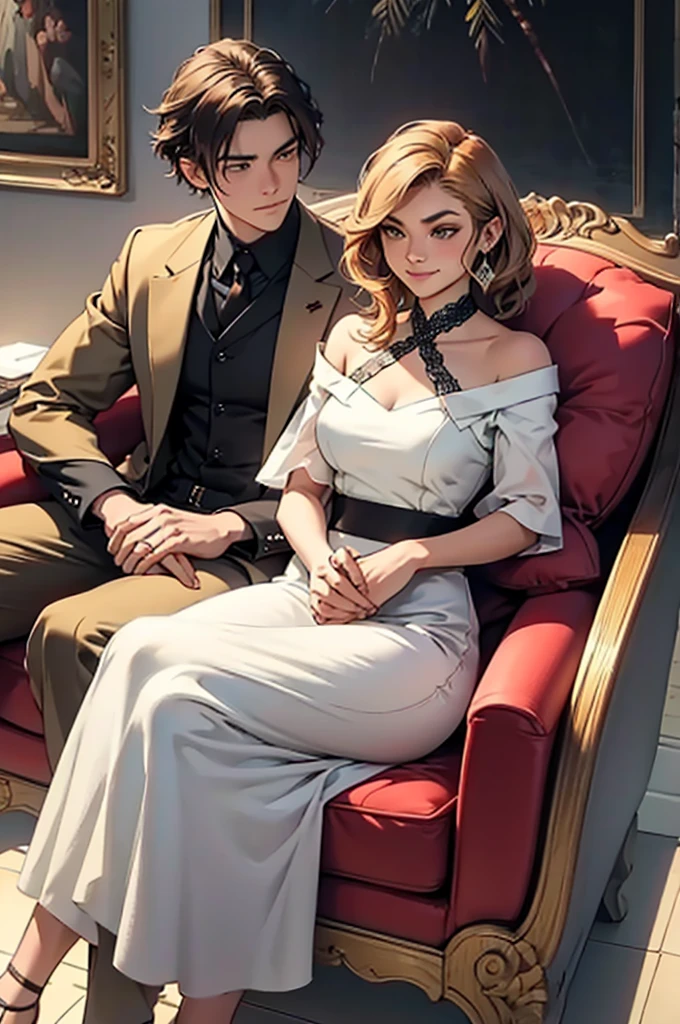 Generates a sketch image to draw of two people (A young man and woman) They are sitting in an armchair looking at each other, holding hands, smiling because they are nervous because they are strangers who have just fallen in love.. That the image plane is quite far away, enough to see the entire chair. THE IMAGE SHOULD NOT BE REALISTIC, but it must be a base drawing to be able to add more details. Also the couple should not be so close, but side by side. The man looks like Cole Sprouse and the woman looks like Zendaya