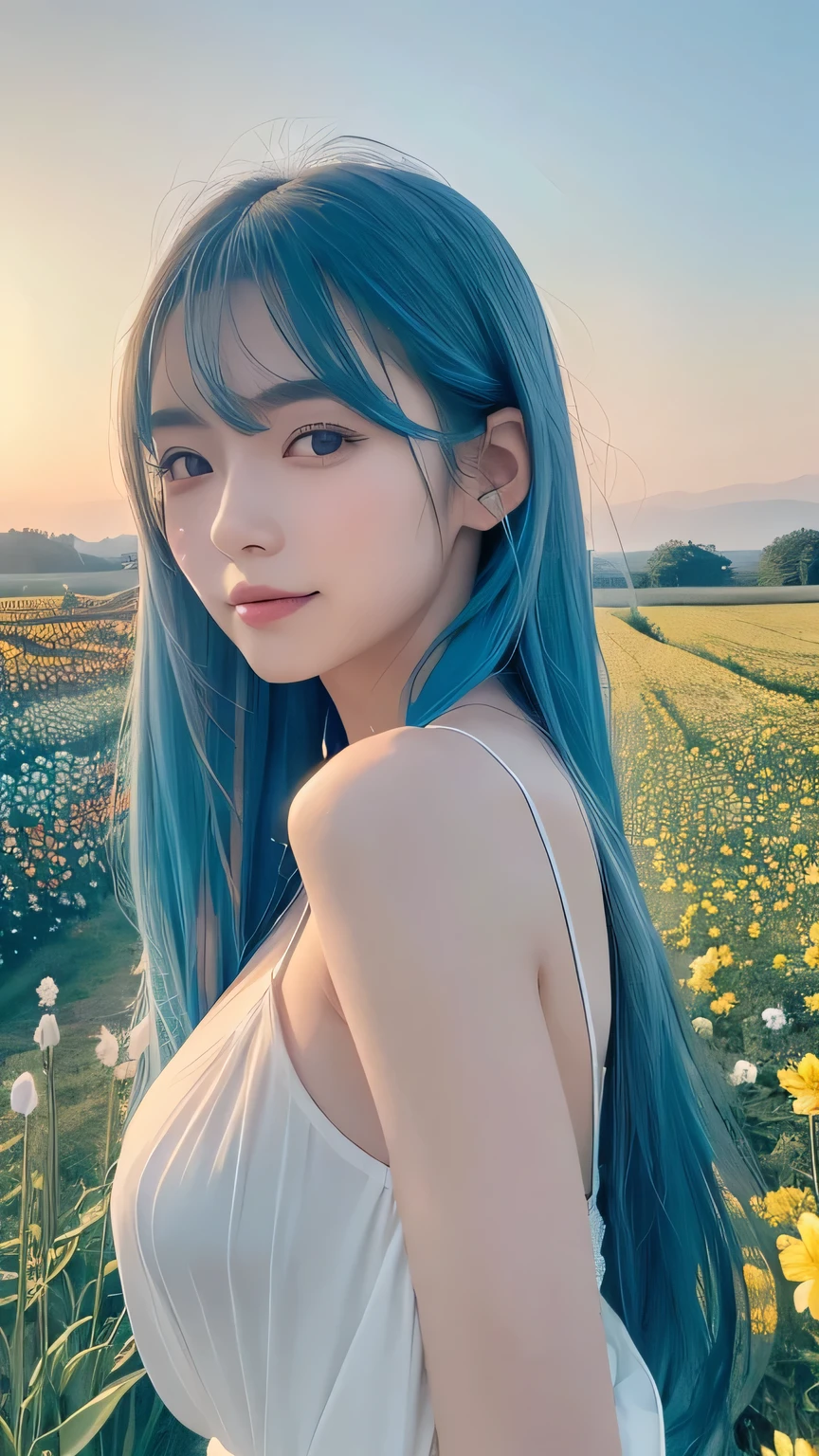 {{masterpiece}}, {{Highest quality}}, {{Very detailed}}, {{shape}}, cinematic Lighting,Beautiful and delicate shine, Dynamic Angle, Depth of the written border, Light_leak, wonderful, The finer details, 4K, 8k, Japanese Idols, Blue Hair, Elegant Model, blue sky, Flower Field, Green pastures, Calm expression, Shiny warm colors, Natural Attraction, Blue Bikini, Curly Hair,