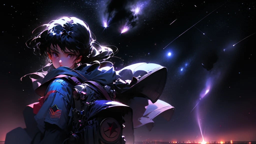 A girl with a backpack on her back looking at the sky full of stars and a comet passing by