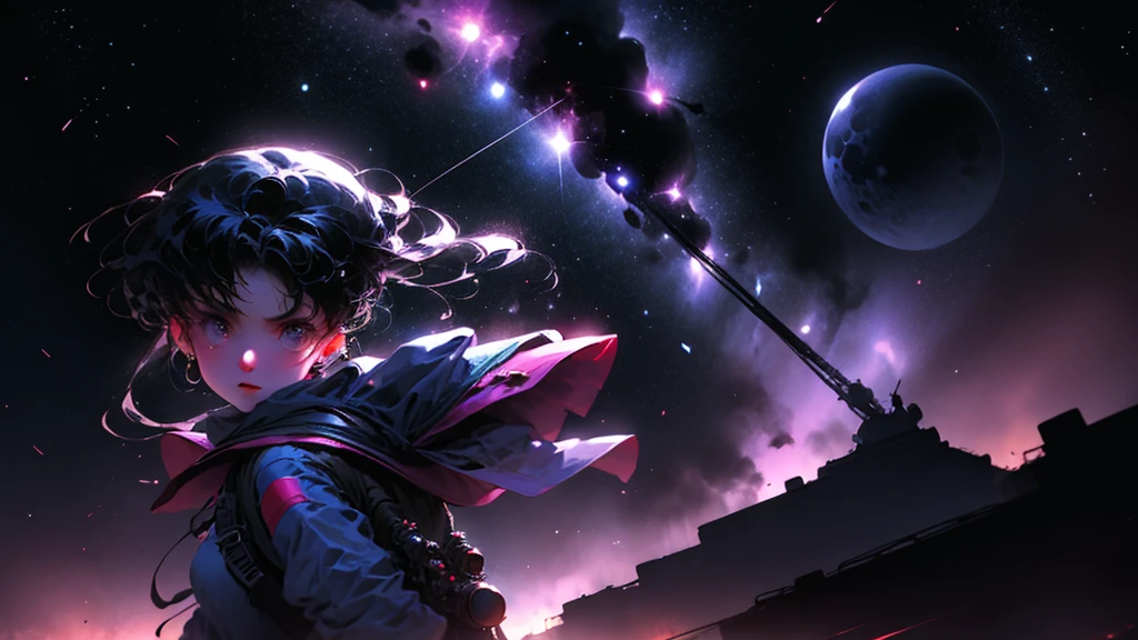 A girl with a backpack on her back looking at the sky full of stars and a comet passing by