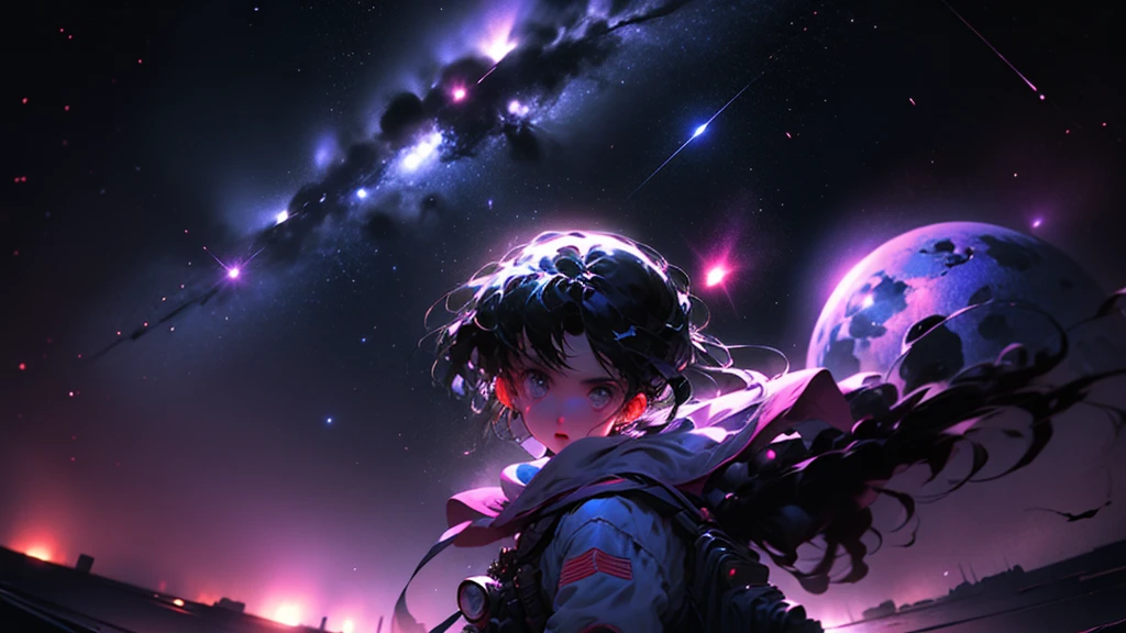 A girl with a backpack on her back looking at the sky full of stars and a comet passing by